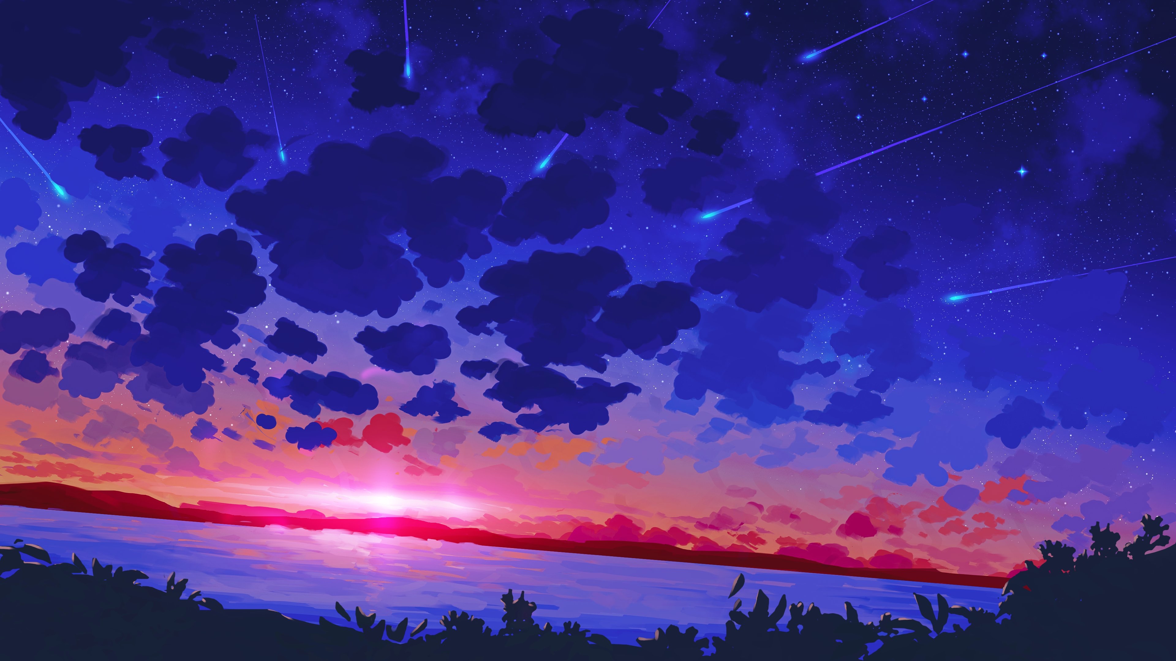 Digital Painting Landscape Sunset Sky Clouds Lake Endy Digital Art Stars Wallpaper:3840x2160