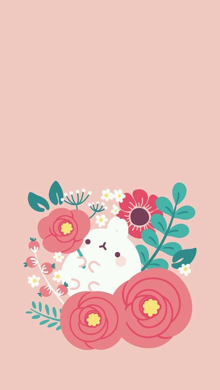 Spring Flowers Background White Bunny Drawn Flowers Orange Background Phone Wallpaper. Spring Wallpaper, Flower Drawing, Cute Wallpaper Background