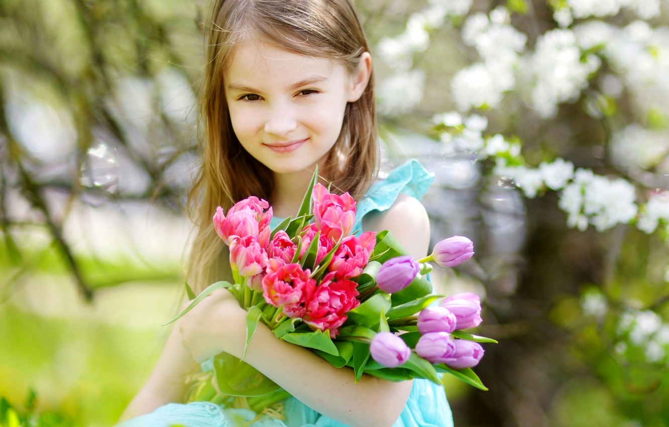 Wallpaper child, spring, girl, tulips, girls, Little, Tulips image for desktop, section настроения
