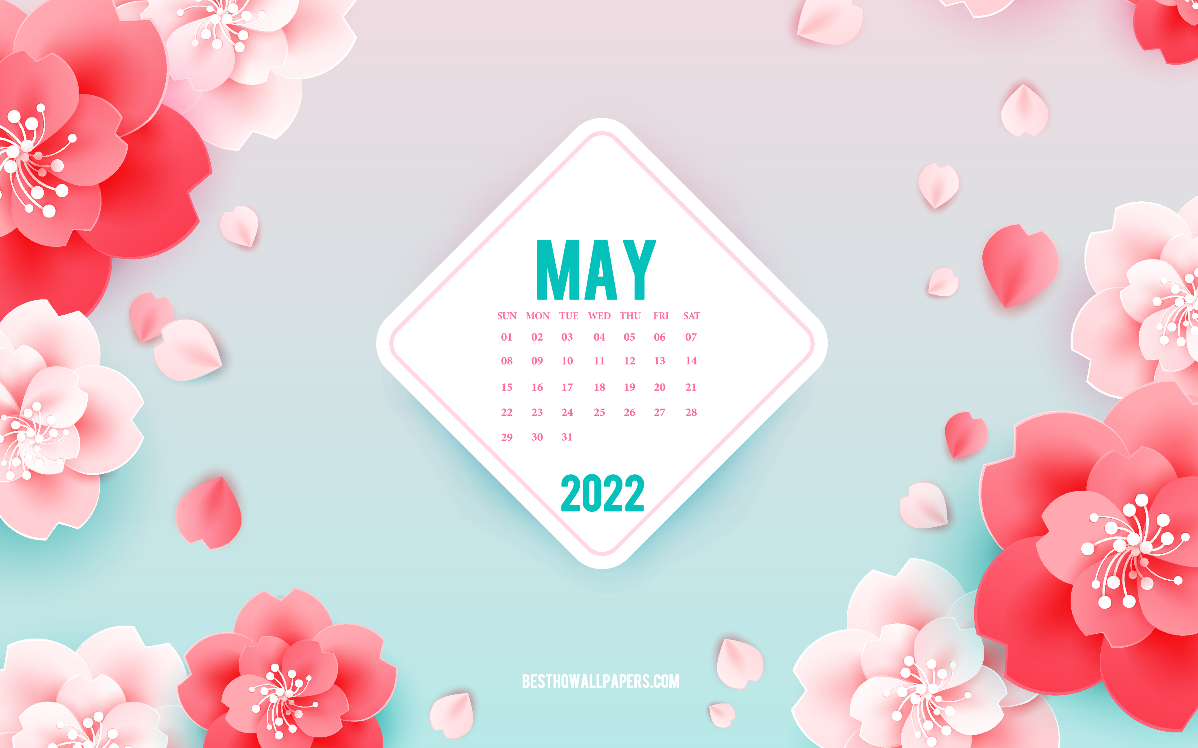 Download wallpapers 2022 May Calendar, 4k, pink flowers, May, spring art, 2022 spring calendars, spring backgrounds with flowers, May 2022 Calendar, paper flowers for desktop with resolution 3840x2400. High Quality HD pictures wallpapers