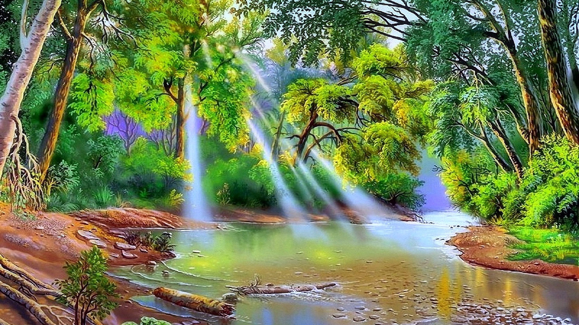 Nature River Trees With Green Leaves Sun Rays Art HD Wallpaper, Wallpaper13.com