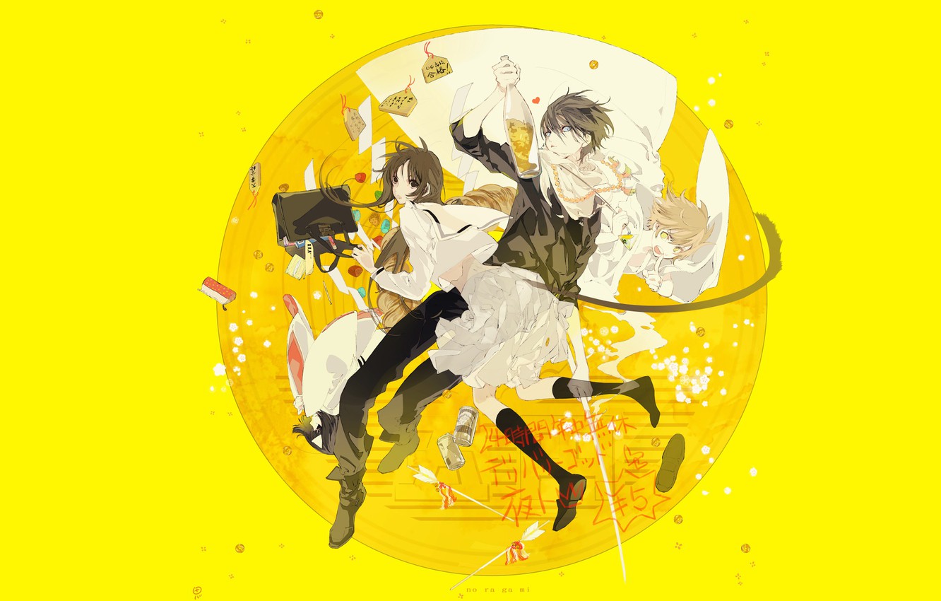 Wallpaper girl, round, anime, art, guy, yellow background, A Homeless God, Noragami, Yato, Chieri image for desktop, section сёнэн