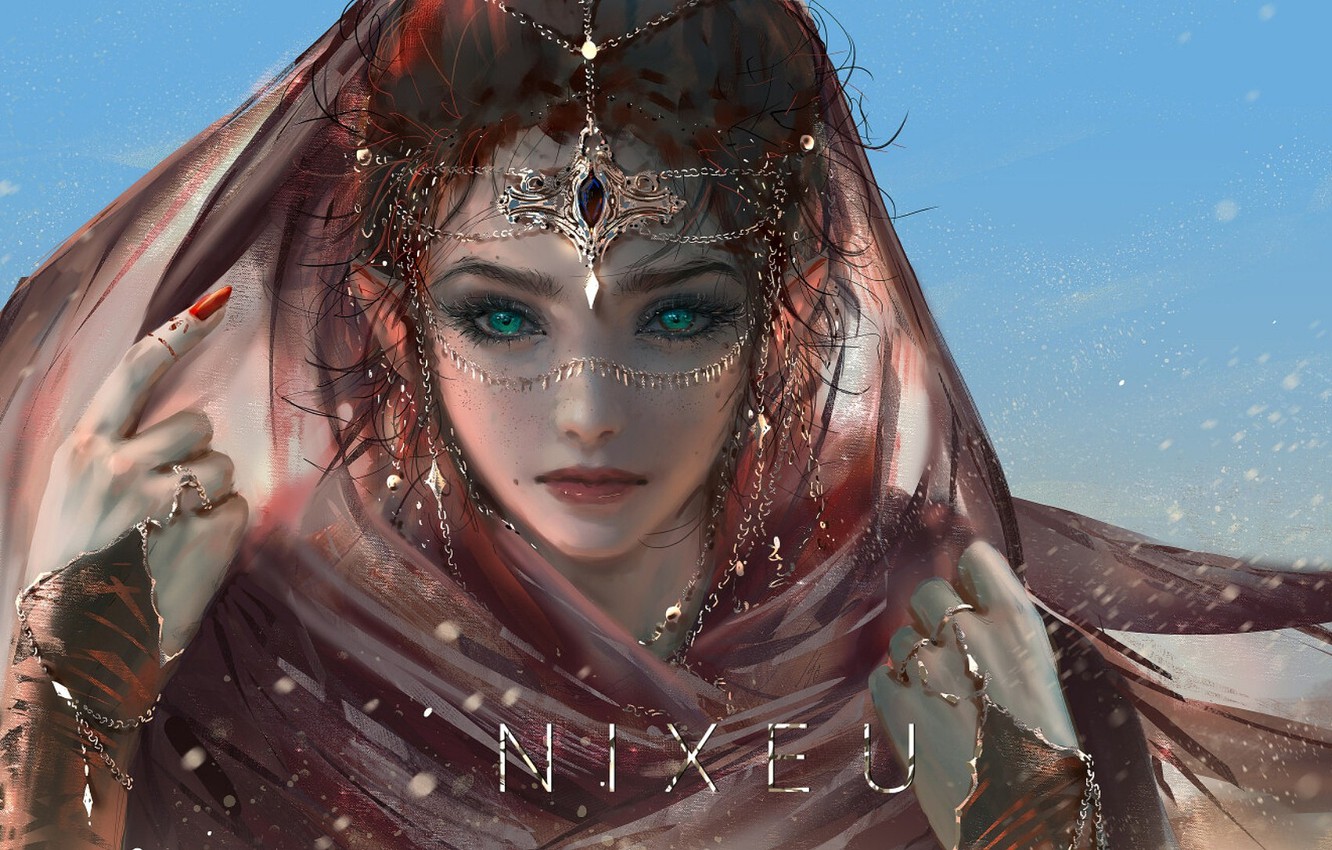 Wallpaper blue eyes, Diadema, moles, chain, transparent fabric, portrait of a girl, gem, by NIXEU image for desktop, section живопись