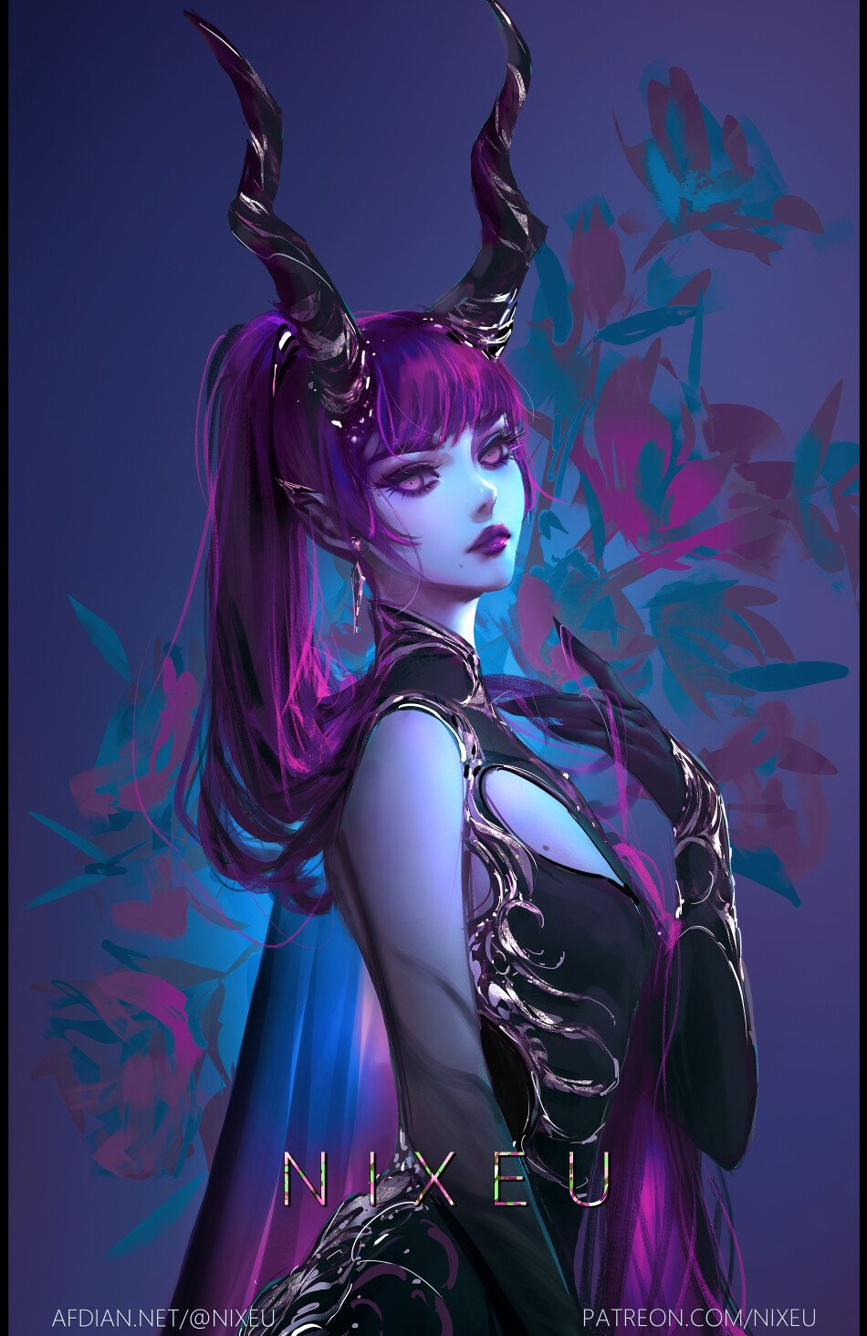 Nixeu Drawing Women Horns Purple Hair Ponytail Dress Black Clothing Purple Eyes Simple Background Wallpaper:950x1463