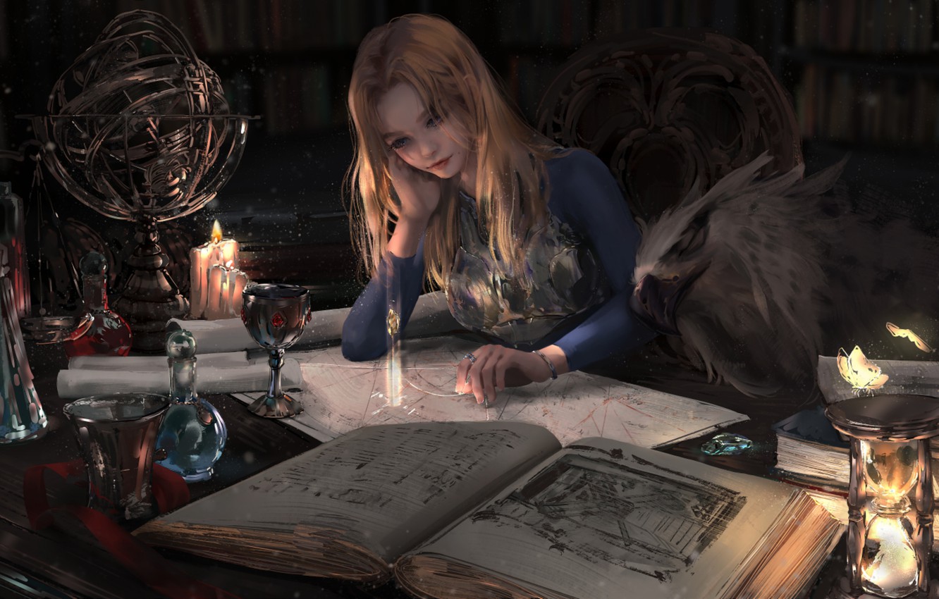 Wallpaper butterfly, candles, library, Griffin, globe, the witch, hourglass, Cup, sitting in the chair, alchemy, magic books, by Nixeu image for desktop, section фантастика