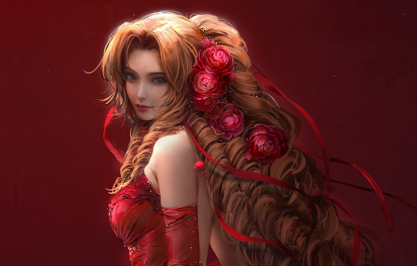 Wallpaper flowers in her hair, blue eyes, Final Fantasy red dress, Final Fantasy, curly hair, red tape, Aerith Gainsborough, by NIXEU image for desktop, section игры