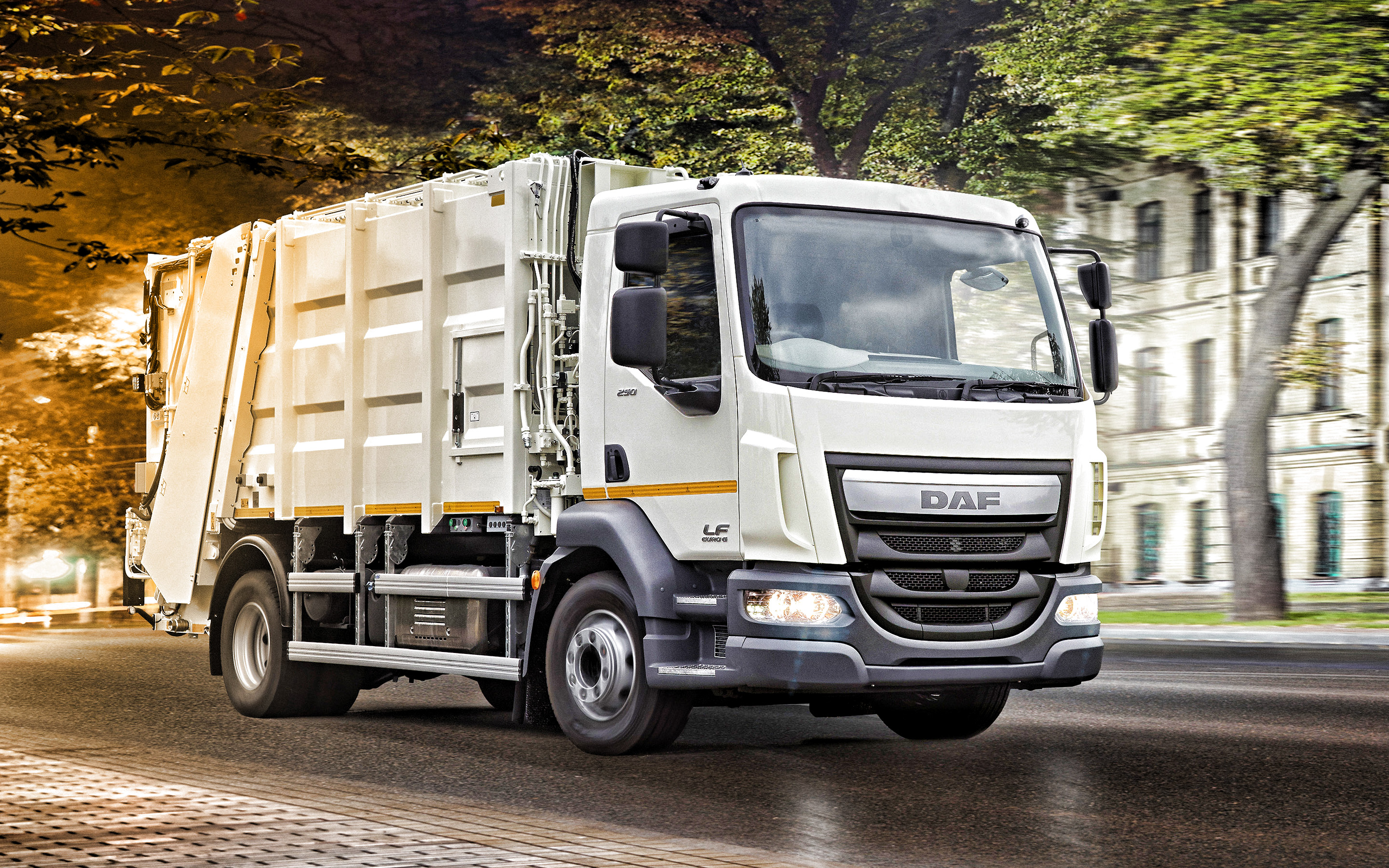 Download wallpaper DAF LF, 2019, cargo truck, new garbage truck, new white LF, city services, special trucks, DAF for desktop with resolution 2880x1800. High Quality HD picture wallpaper