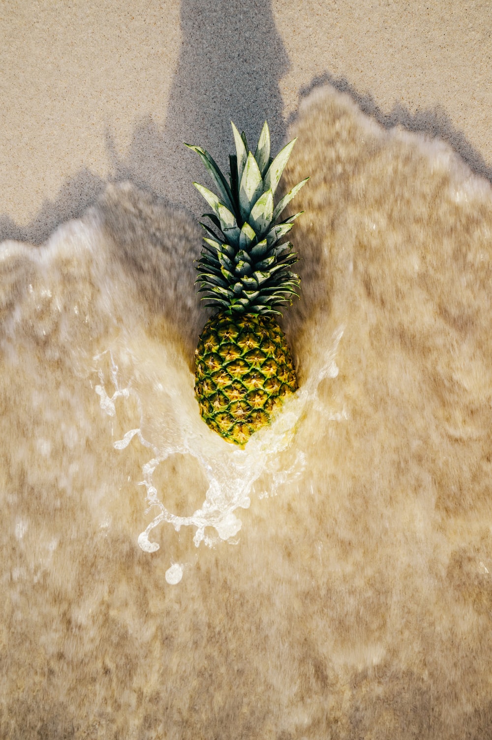 yellow and green pineapple on brown sand photo