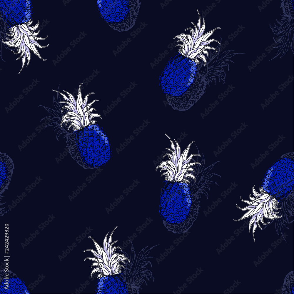 Dark Summer monotone blue color pineapple hand drawn with shadow seamless pattern vector for fashion , fabric, wallpaper and all prints Stock Vector