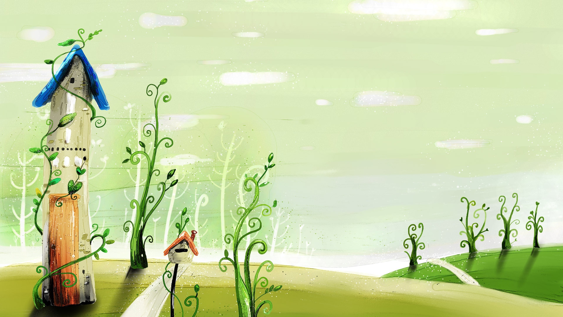 Wallpaper spring, drawing, cartoon, building, grass