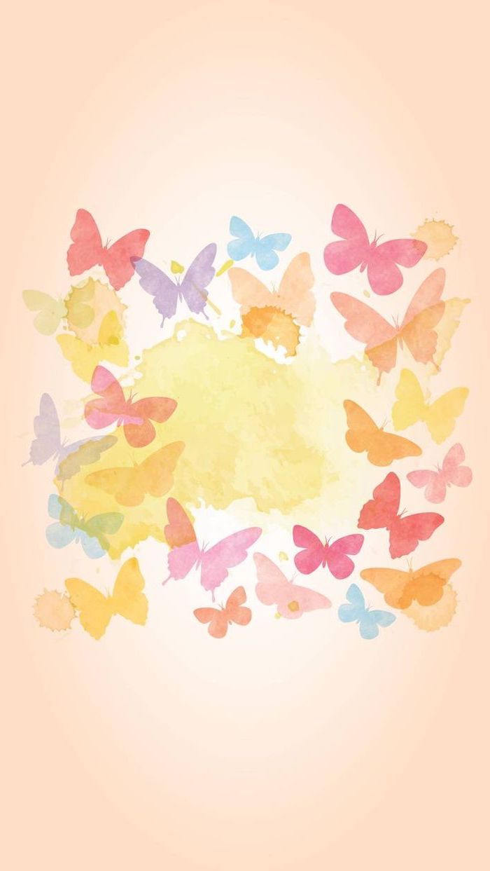 Colourful Butterflies Watercolour Painted Picture Of Spring Phone Wallpaper. Spring Wallpaper, Spring Flowers Background, Phone Wallpaper