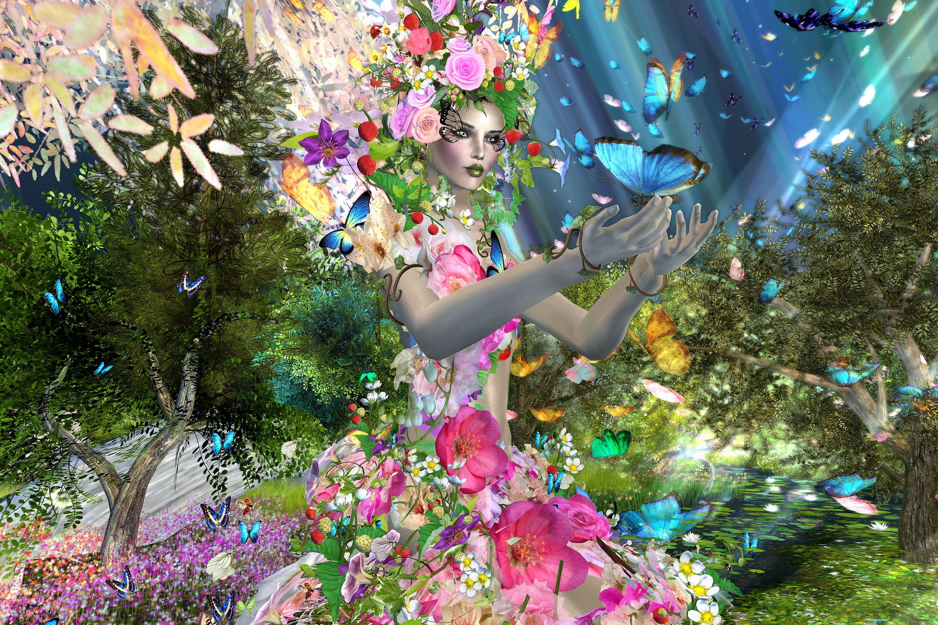 image butterfly 3D Graphics young woman Flowers Dress 1920x1280