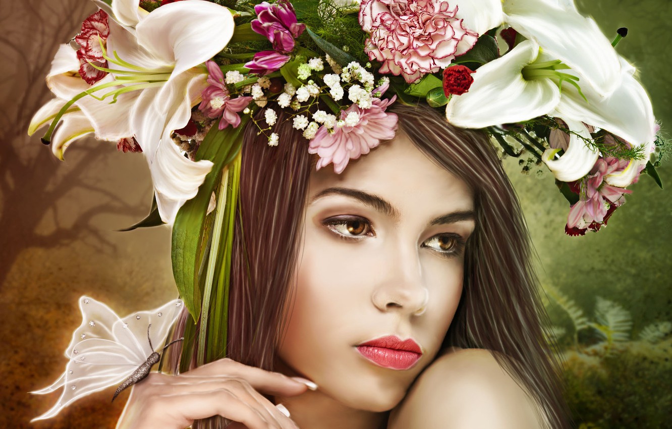 Wallpaper look, girl, flowers, face, butterfly, hands, art, wreath image for desktop, section стиль