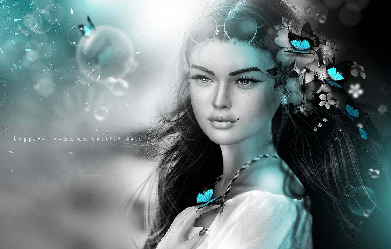 Wallpaper girl, butterfly, flowers, mood, hair, mole image for desktop, section рендеринг
