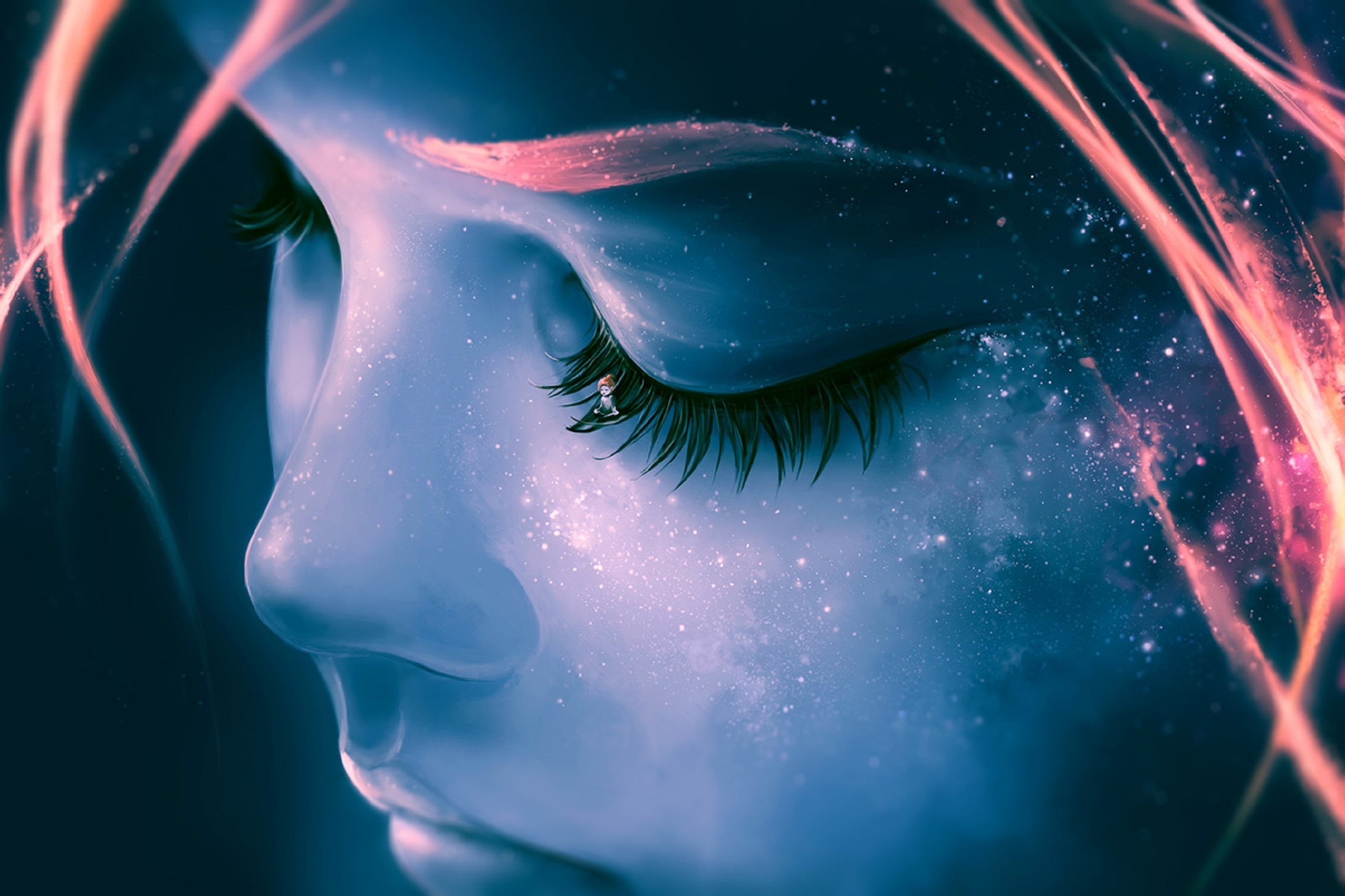Women Artistic Child Girl Blue Stars Glow Fantasy Sad On Yourself By Cyril Rolando Wallpaper & Background Download