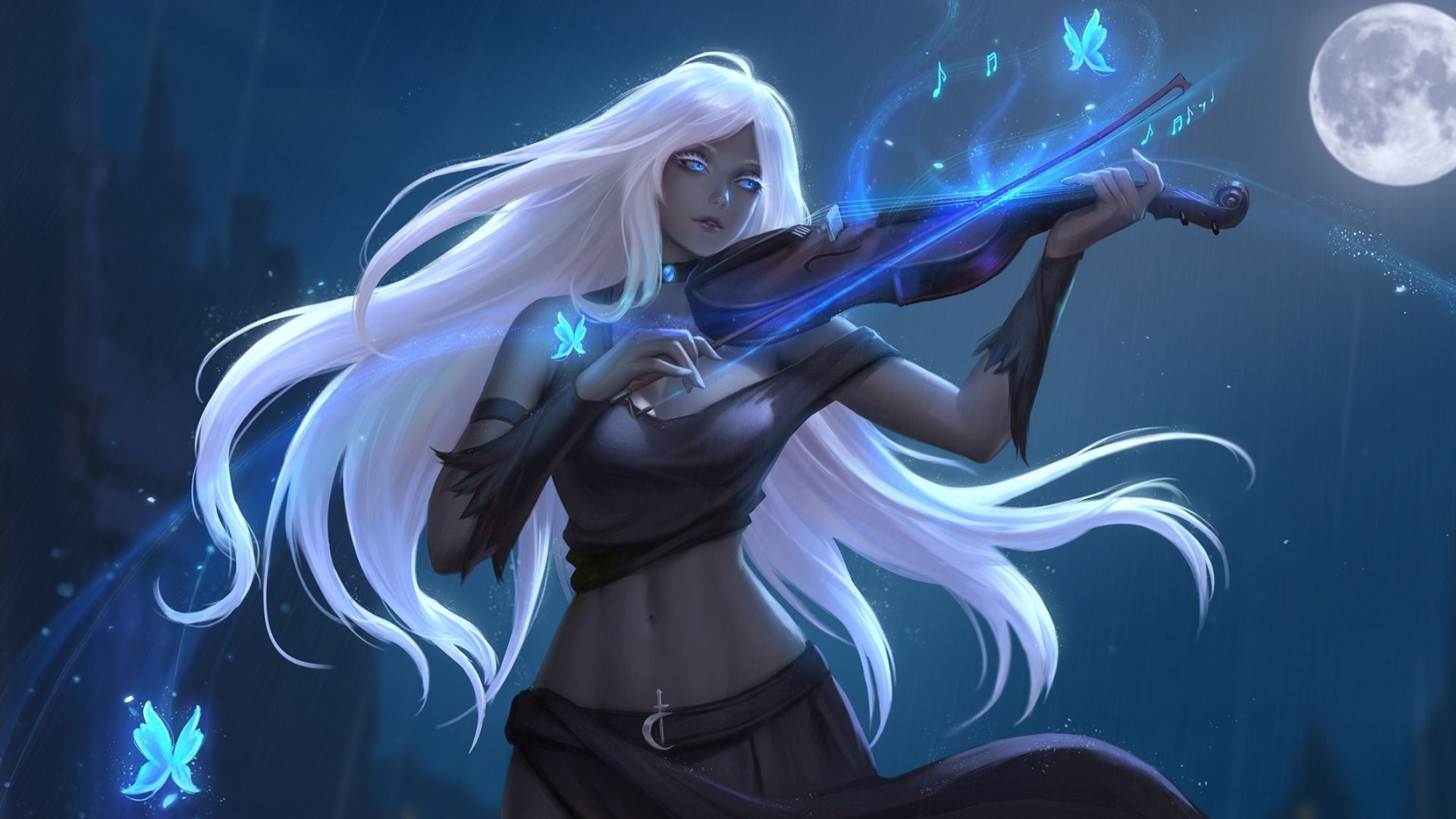 Wallpaper fantasy, woman, violin play, art desktop wallpaper, HD image, picture, background, 6101fe