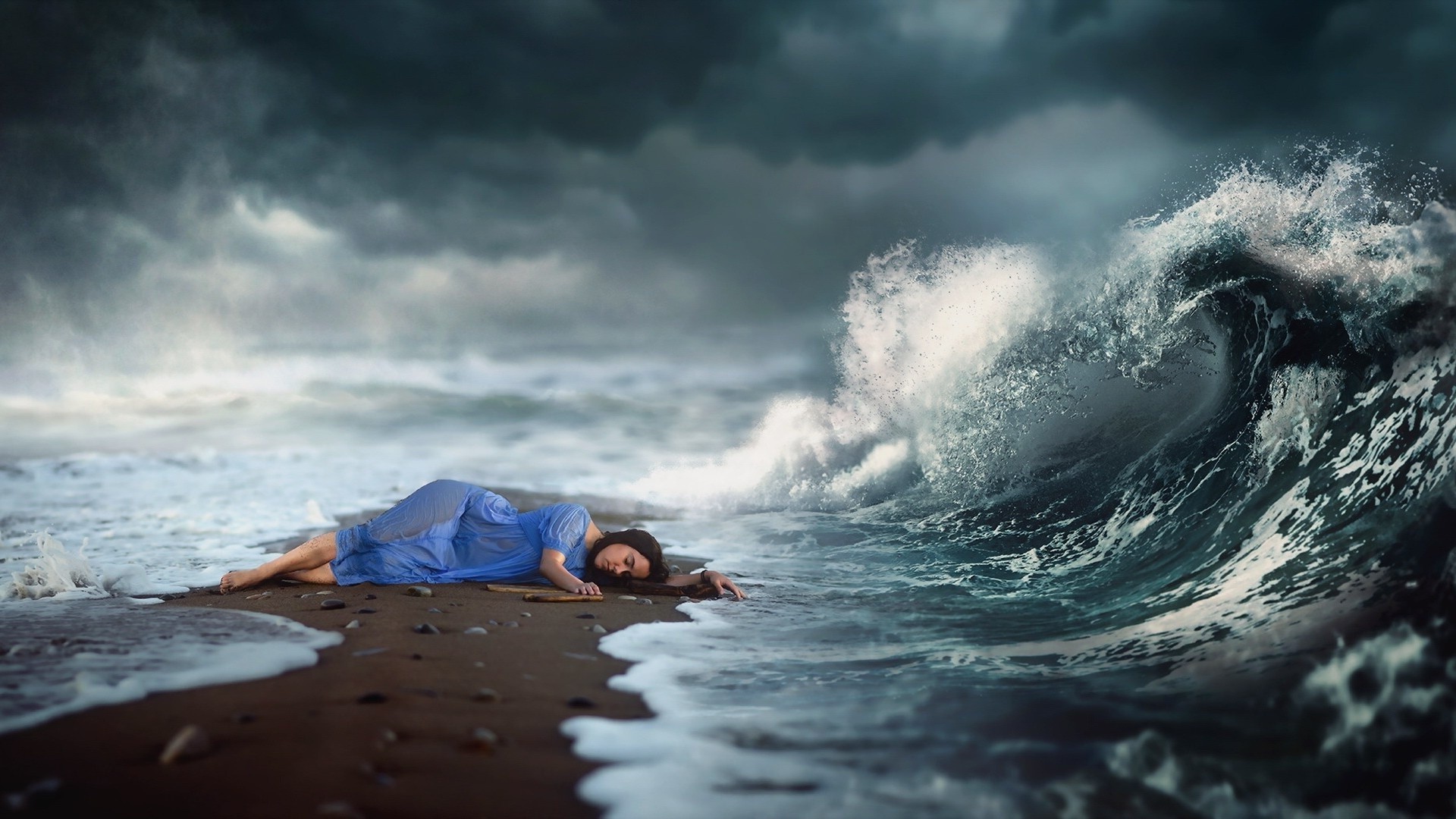 women, Waves, Lying Down, Blue Dress, Dark Hair, Digital Art Wallpaper HD / Desktop and Mobile Background