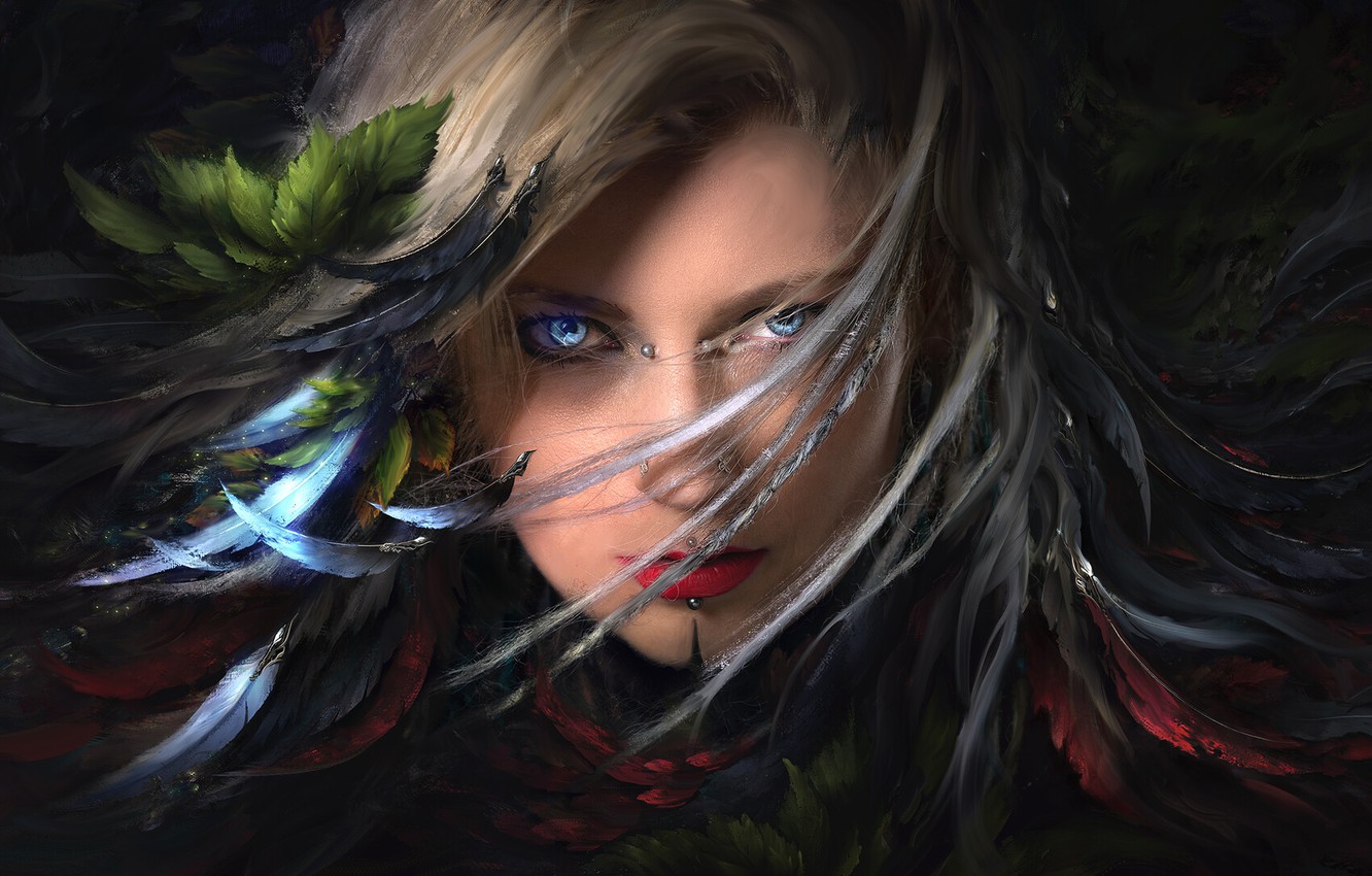 Wallpaper Girl, fantasy, art, blue eyes, feathers, leaves, lips, face, digital art, artwork, piercing, fantasy art, mouth, red lipstick, lipstick, painting art image for desktop, section арт