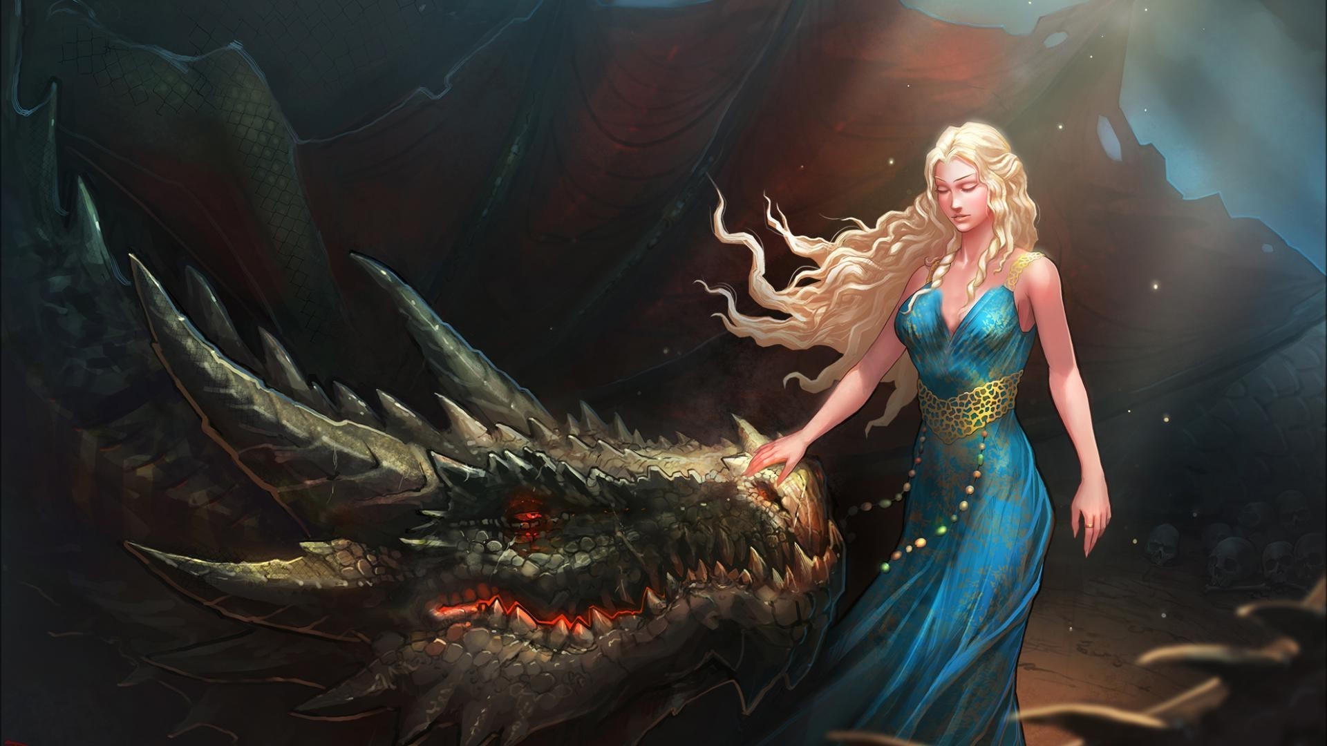 women, Blonde, Long Hair, Closed Eyes, Daenerys Targaryen, Digital Art, Fantasy Art, Dragon, Nature, Blue Dress, Fan Art, Game Of Thrones Wallpaper HD