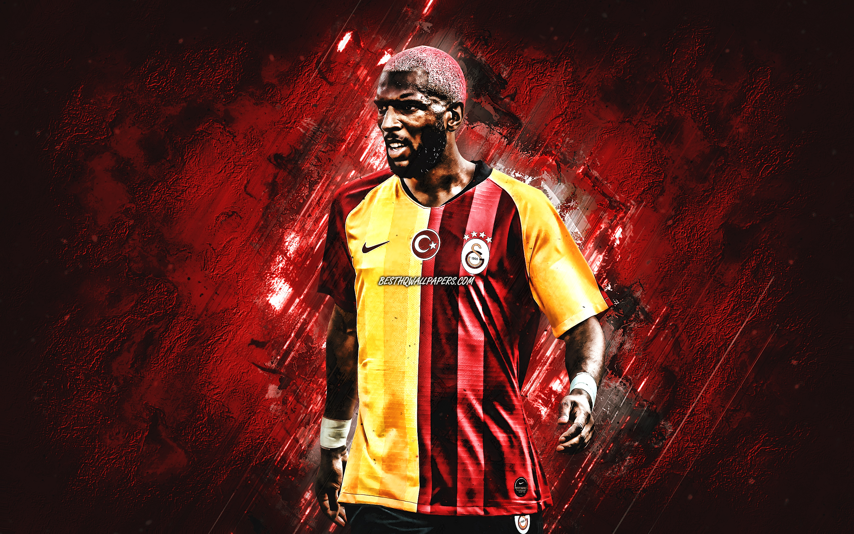 Download wallpaper Ryan Babel, Galatasaray, Dutch professional footballer, forward, portrait, red stone background for desktop with resolution 2880x1800. High Quality HD picture wallpaper
