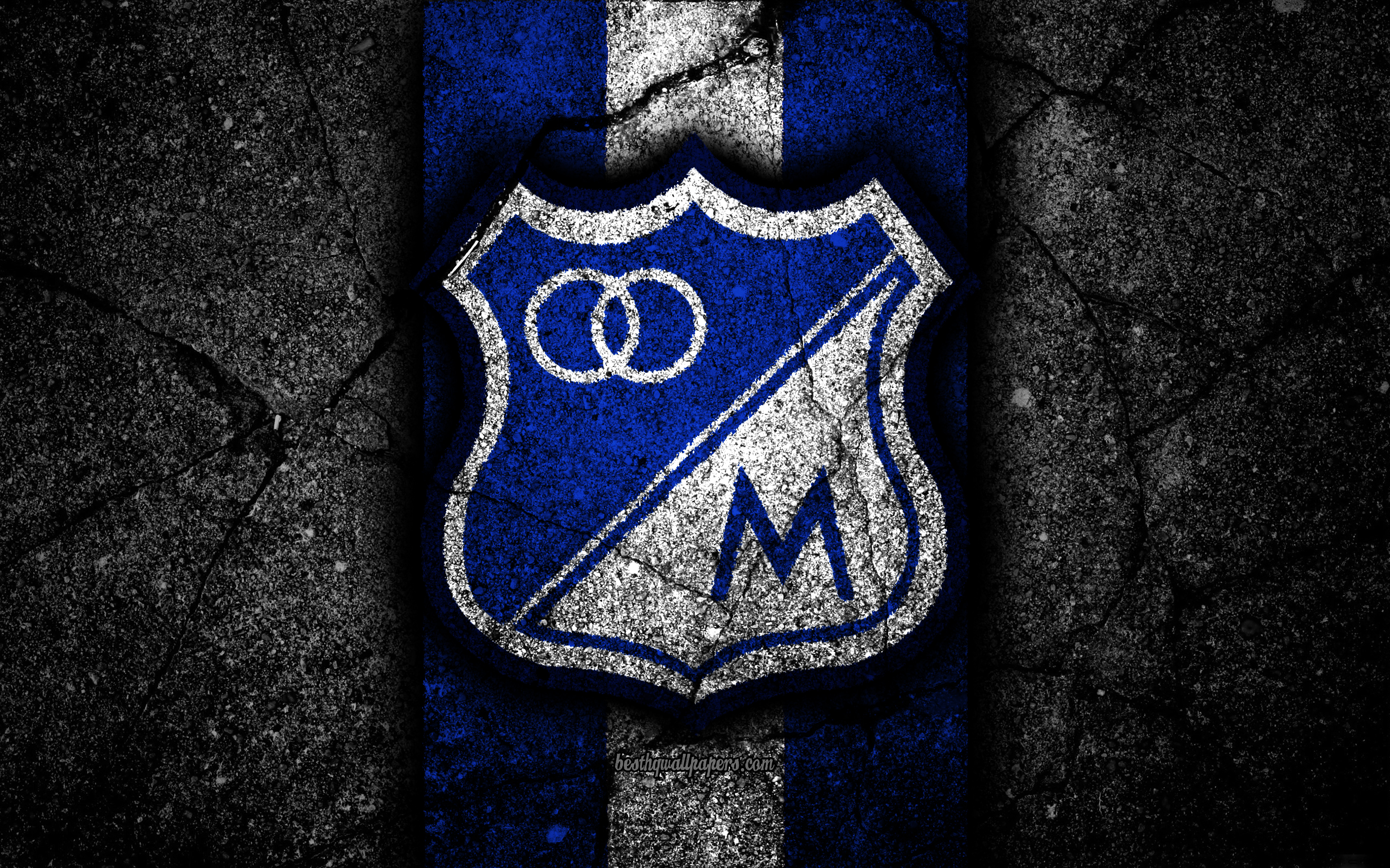 Download wallpaper Millonarios FC, 4k, logo, Colombian football club, black stone, Categoria Primera A, Millonarios, Colombia, football, Liga Aguila, asphalt texture, FC Millonarios for desktop with resolution 3840x2400. High Quality HD picture