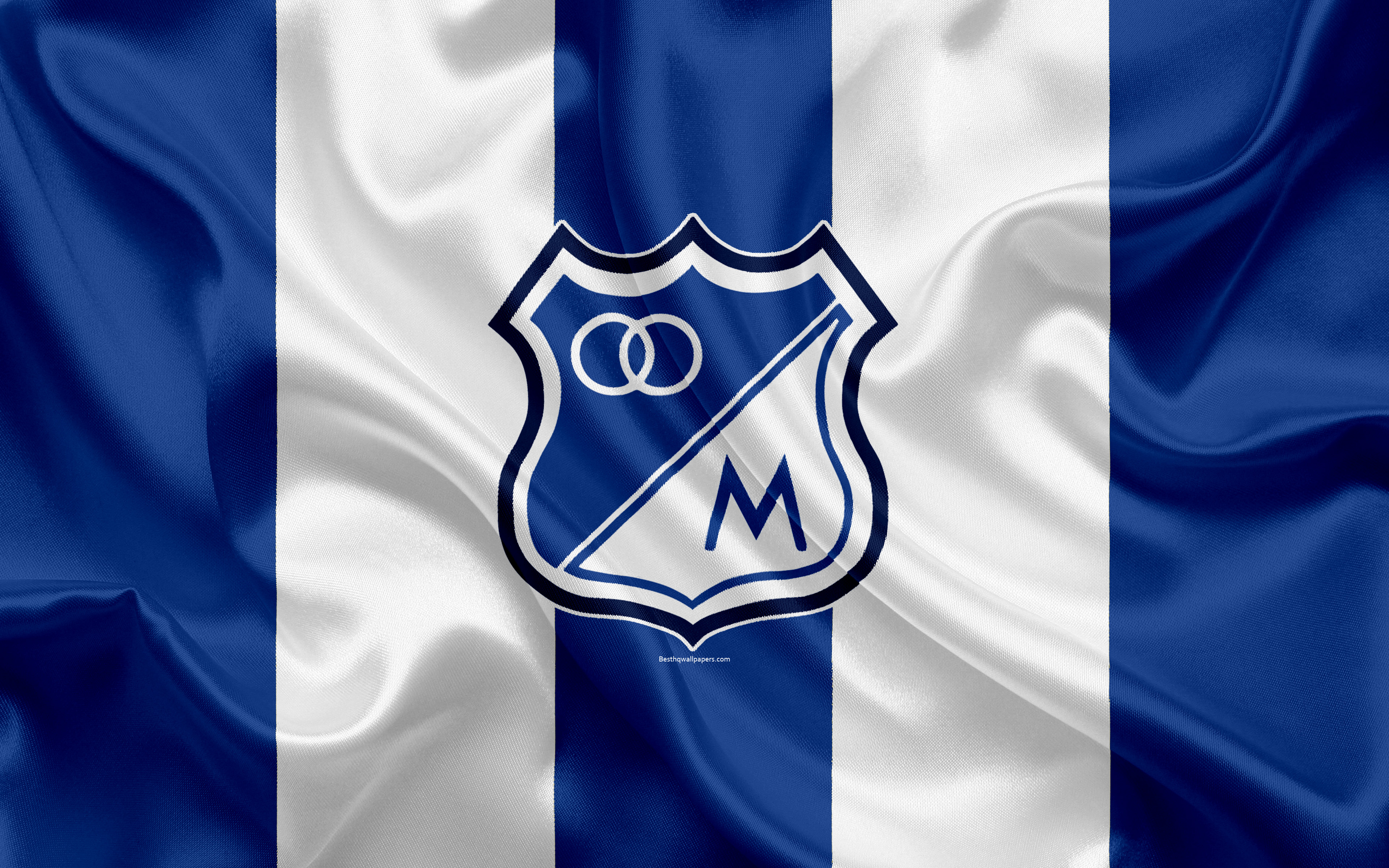 Download wallpaper Millonarios FC, 4k, logo, Colombian football club, silk texture, blue white flag, Categoria Primera A, Bogota, Colombia, football, Liga Aguila for desktop with resolution 3840x2400. High Quality HD picture wallpaper