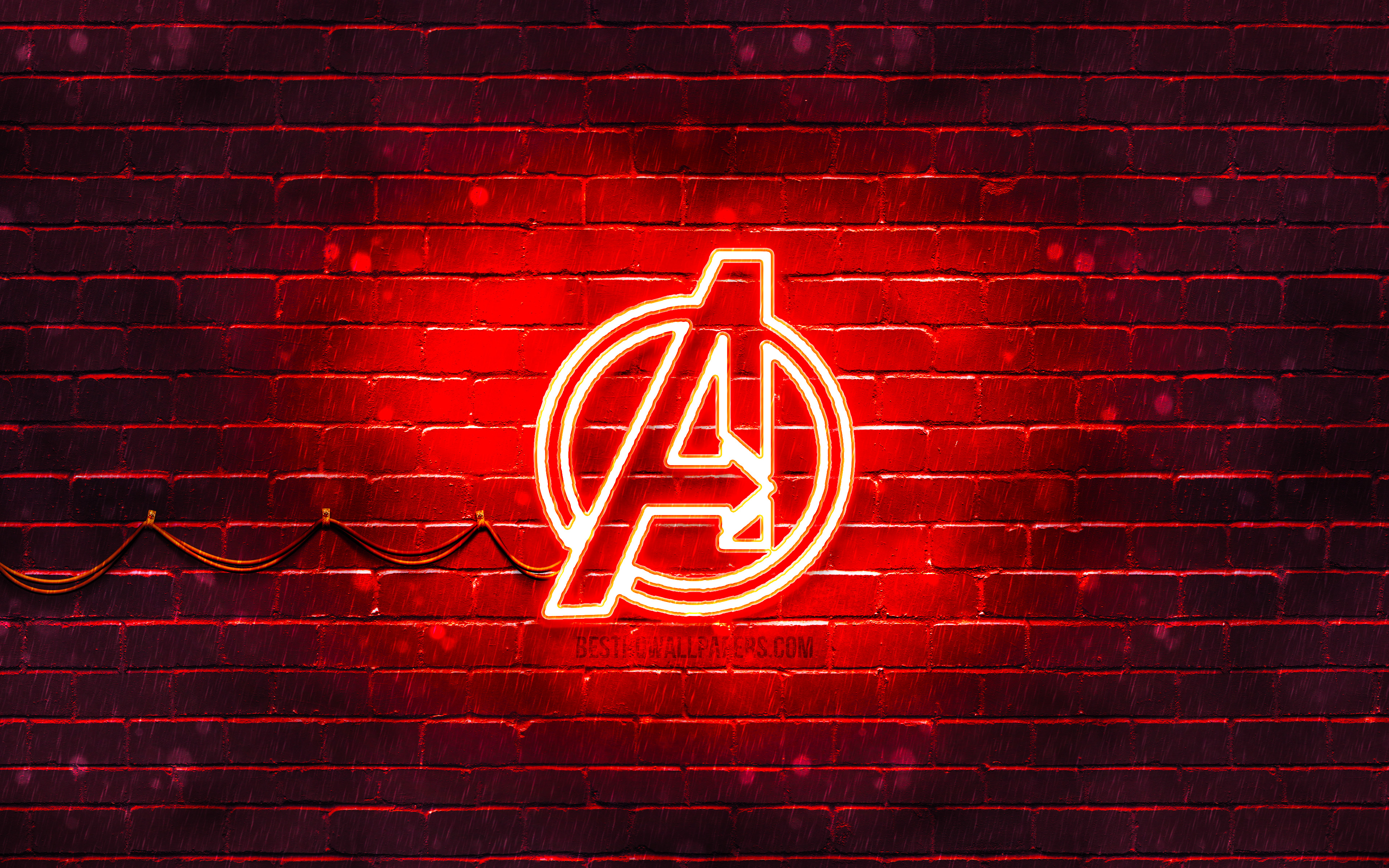 Download wallpapers Avengers red logo, 4k, red brickwall, Avengers logo, su...