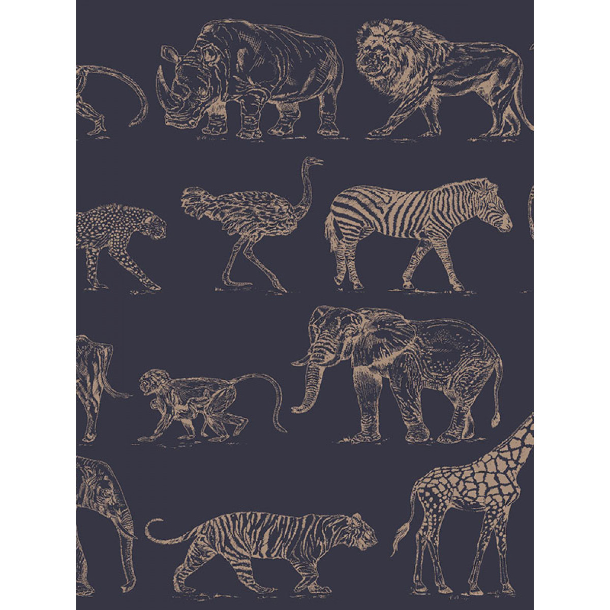 Boutique Safari Animals Wallpaper Navy Blue / Rose Gold Graham & Brown 104893