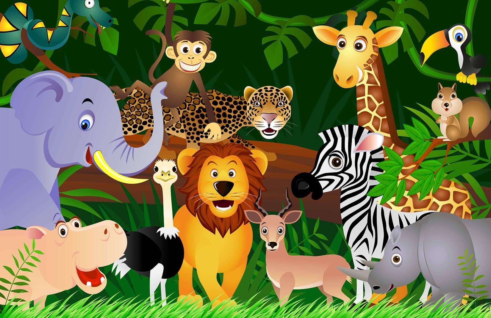 Jungle Animals Wallpaper Mural, custom made to suit your wall size by the UK's No.1 for wall murals. C. Animal mural, Jungle animals mural, Cartoon jungle animals