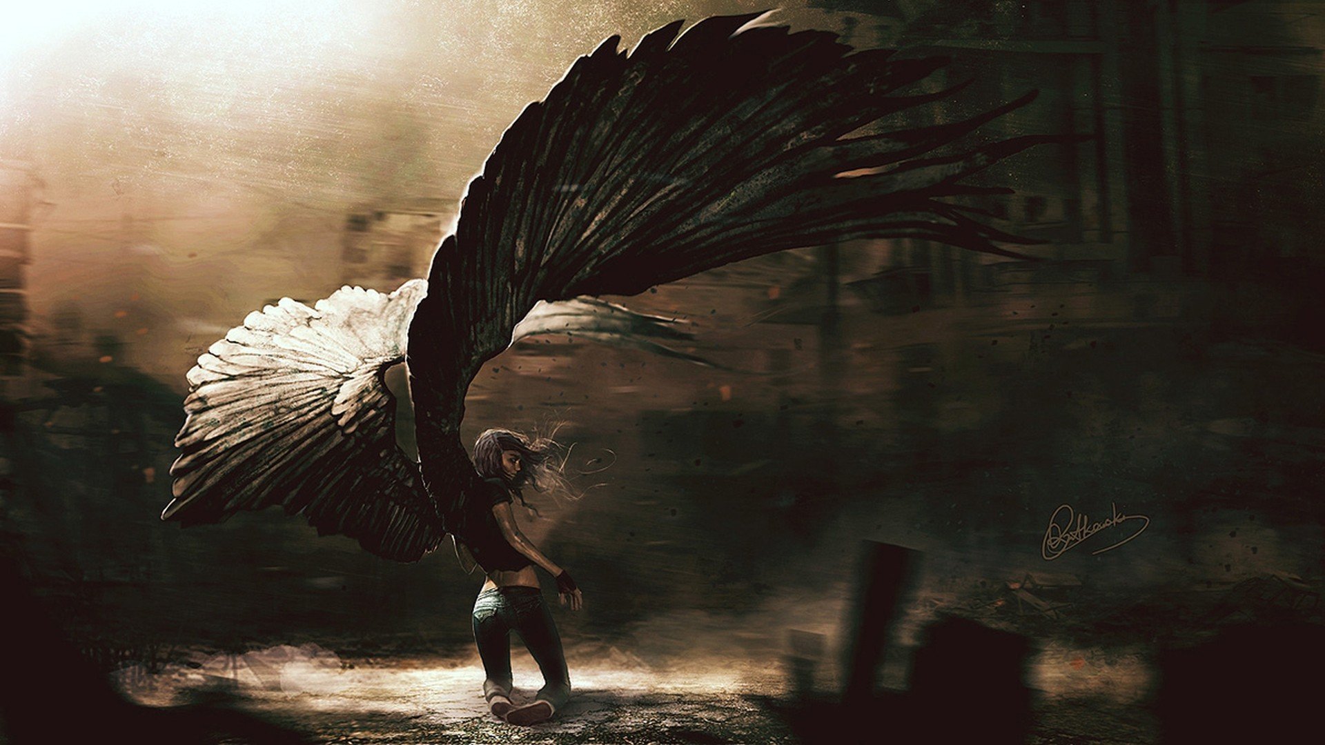 fallen, Angel, Girl, Beautiful, Wings, Long, Hair Wallpaper HD / Desktop and Mobile Background