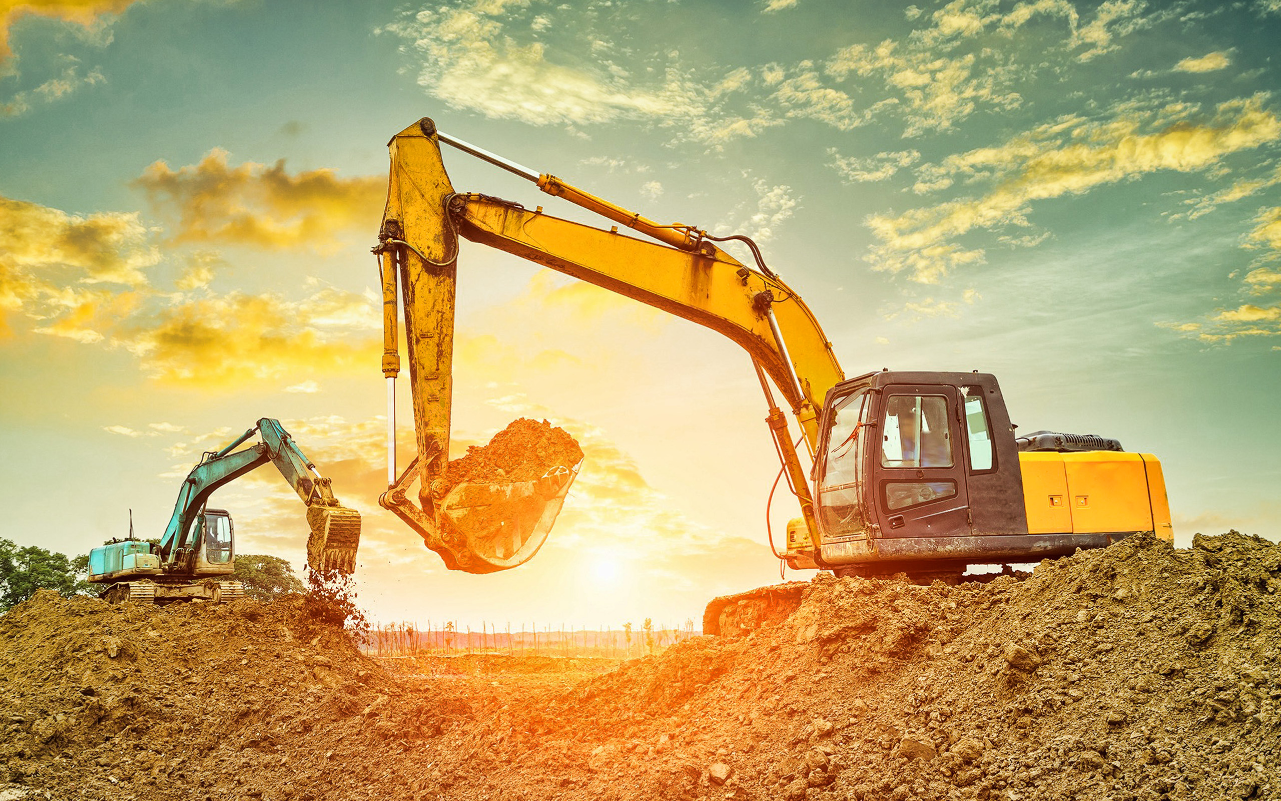 Excavators, Evening, Sunset, Construction Equipment, Background Wallpaper & Background Download