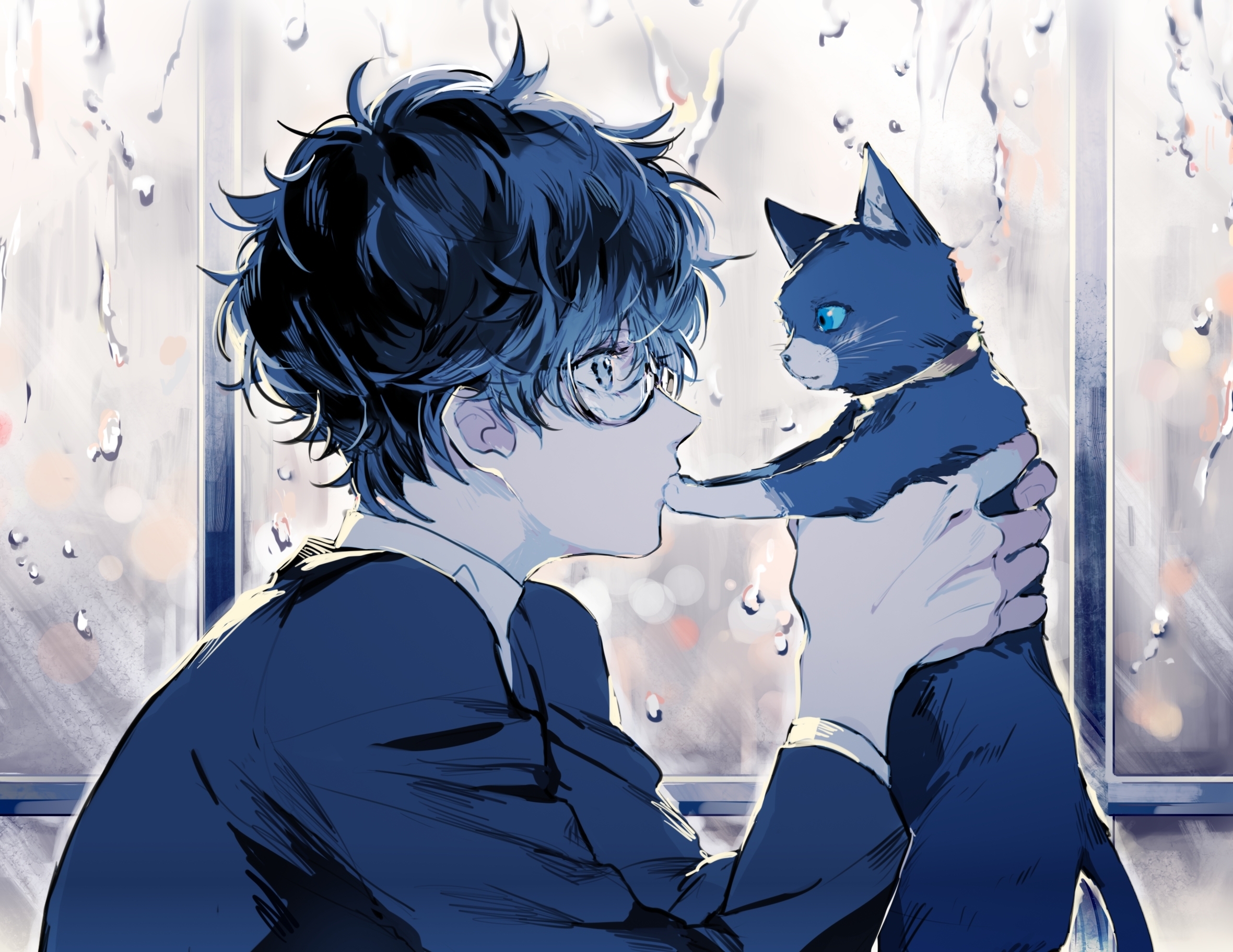 Wallpaper Profile View, Anime Boy, Kurusu Akira, Cute, Persona Cat, Glasses:2361x1824