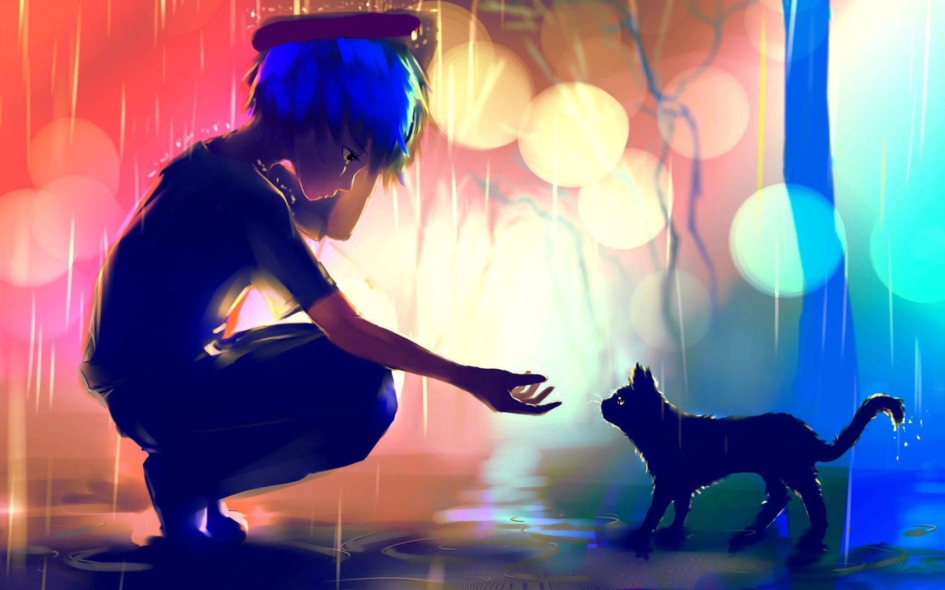 Boy In The Rain About To Hold The Cat Digital Wallpaper, Blue Haired Anime Boy Painting • Wallpaper For You