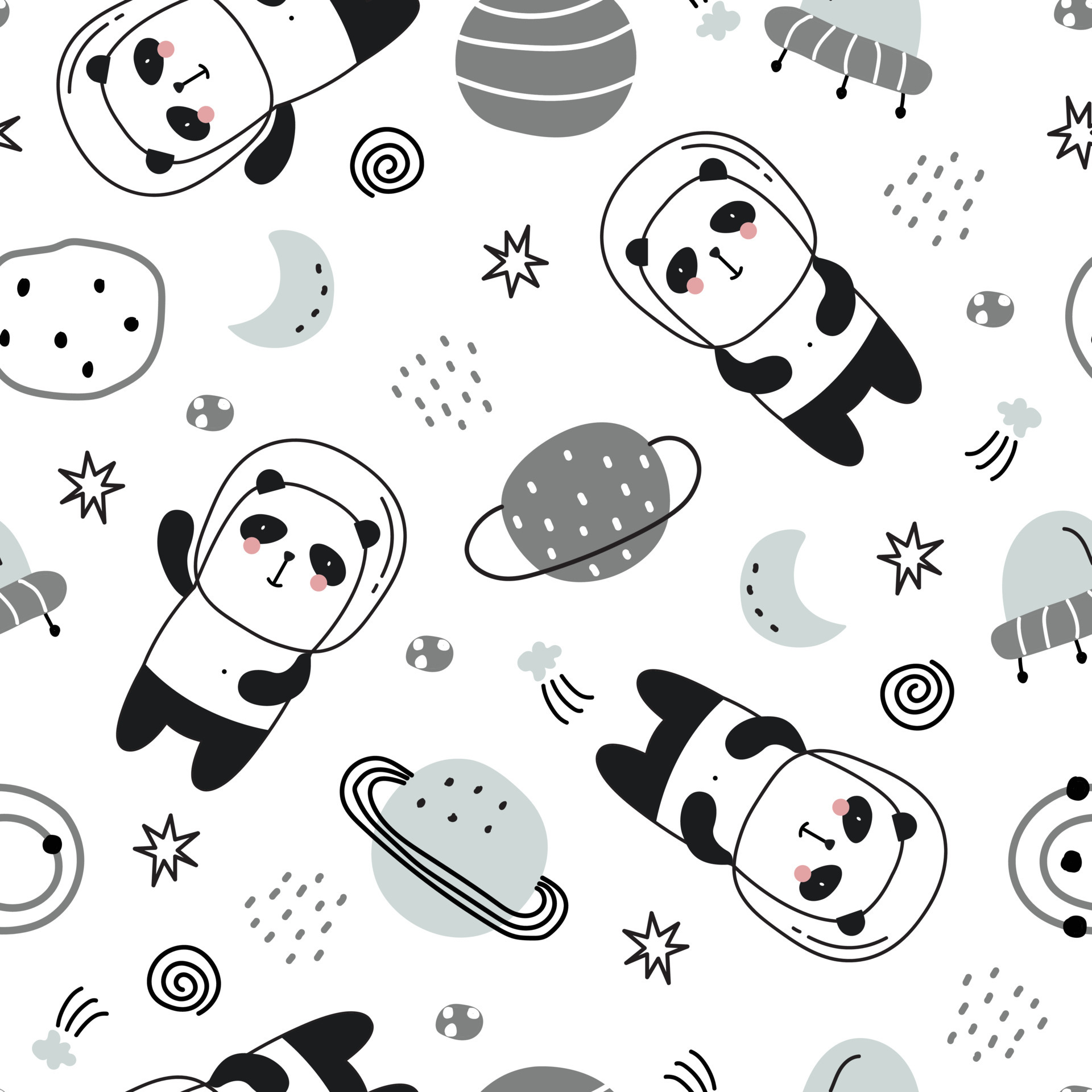 Cartoon animal background for kids Seamless pattern with pandas floating in space and stars. Hand drawn design in children's style, used for fabrics, textiles, wallpaper printing, decoration