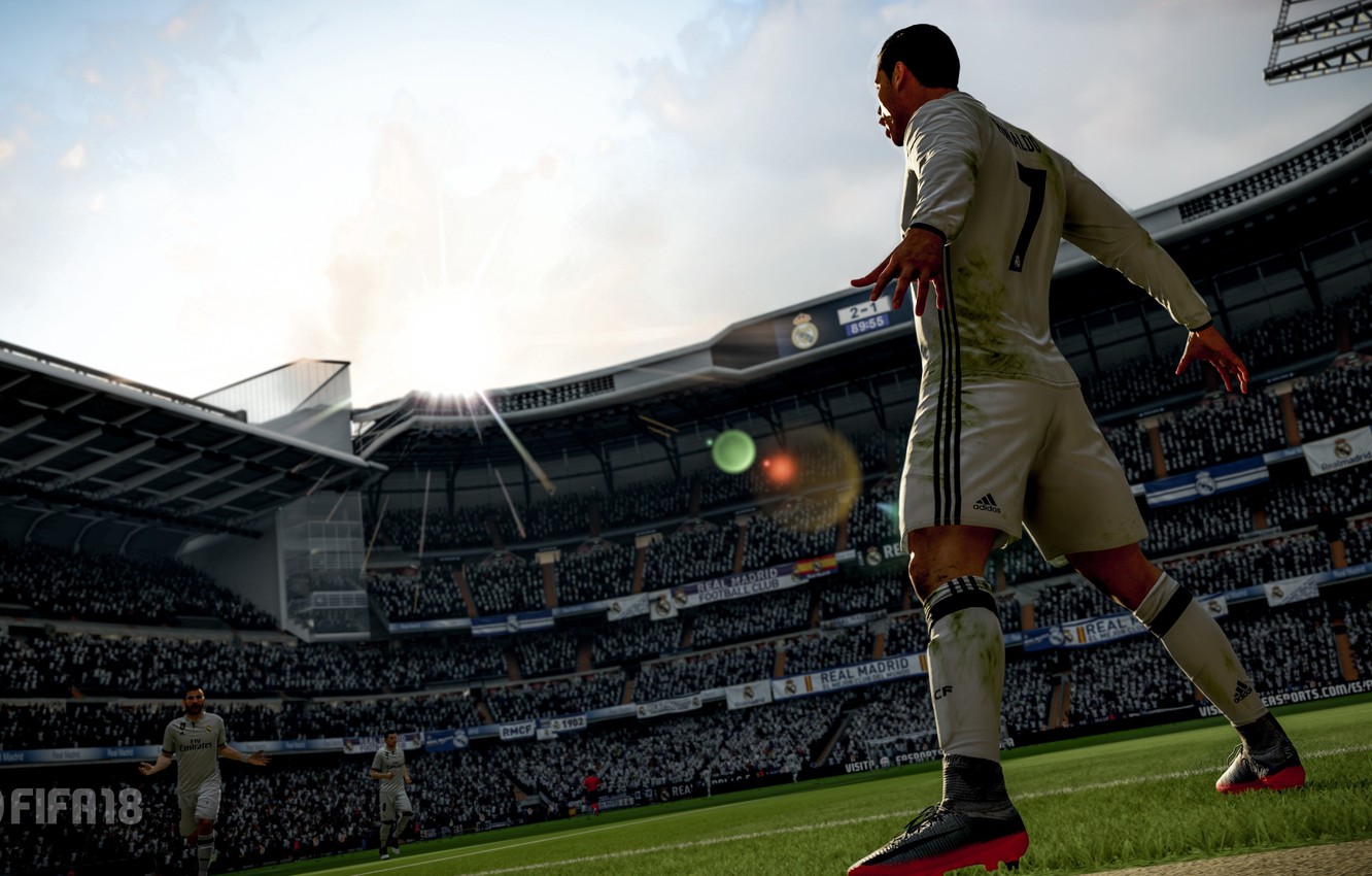 Wallpaper logo, Cristiano Ronaldo, game, Adidas, stadium, sun, soccer, Real Madrid, Electronic Arts, FIFA, uniform, Futbol Club Barcelona, soccer field, Real Madrid F.C., FIFA - for desktop, section игры