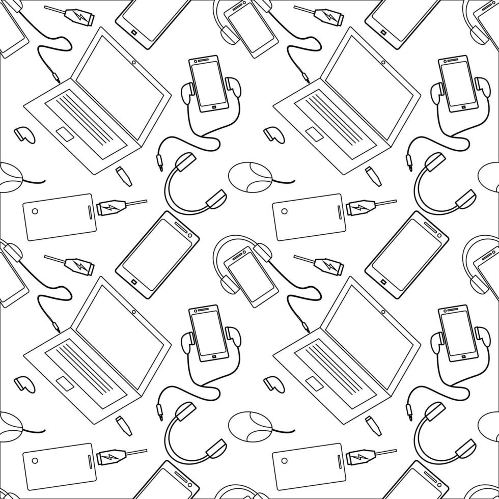 seamless pattern design communication equipment, cellphone, laptop, charger. white and black texture. white background. modern communication technology wallpaper