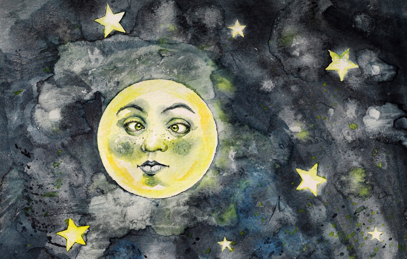 Wallpaper the sky, space, stars, night, face, the dark background, the moon, figure, graphics, art, painting, the full moon, the expression, smiley, slant eyes, косоглазие image for desktop, section арт