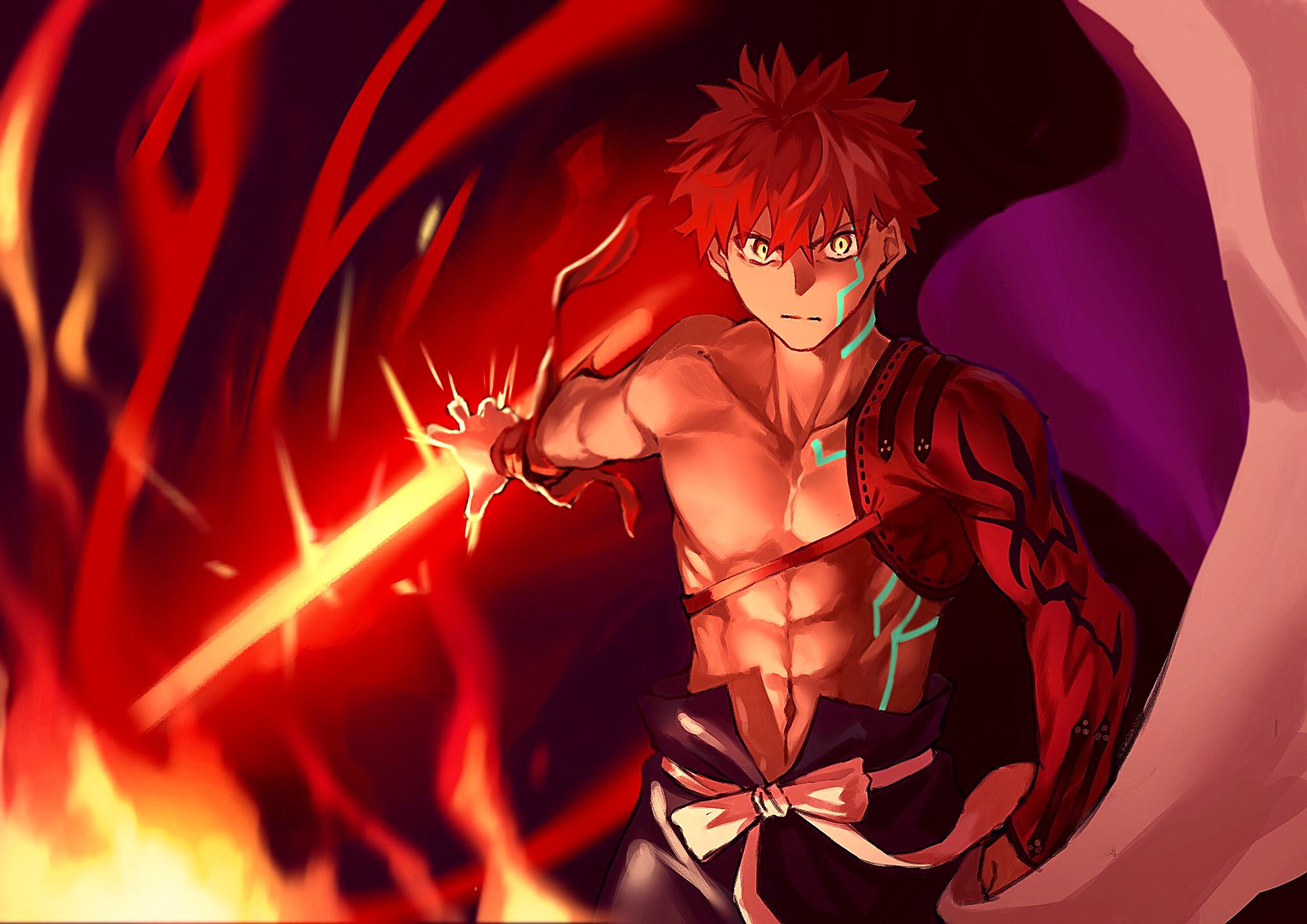 Safebooru Abs Cape Emiya Shirou Eyebrows Visible Through Hair Fate Grand Order Fate Stay Night Fate (series) Highres Hiro (hirohiro Gorira) Holding Holding Sword Holding Weapon Igote Katana Limited Zero Over Long Sleeves