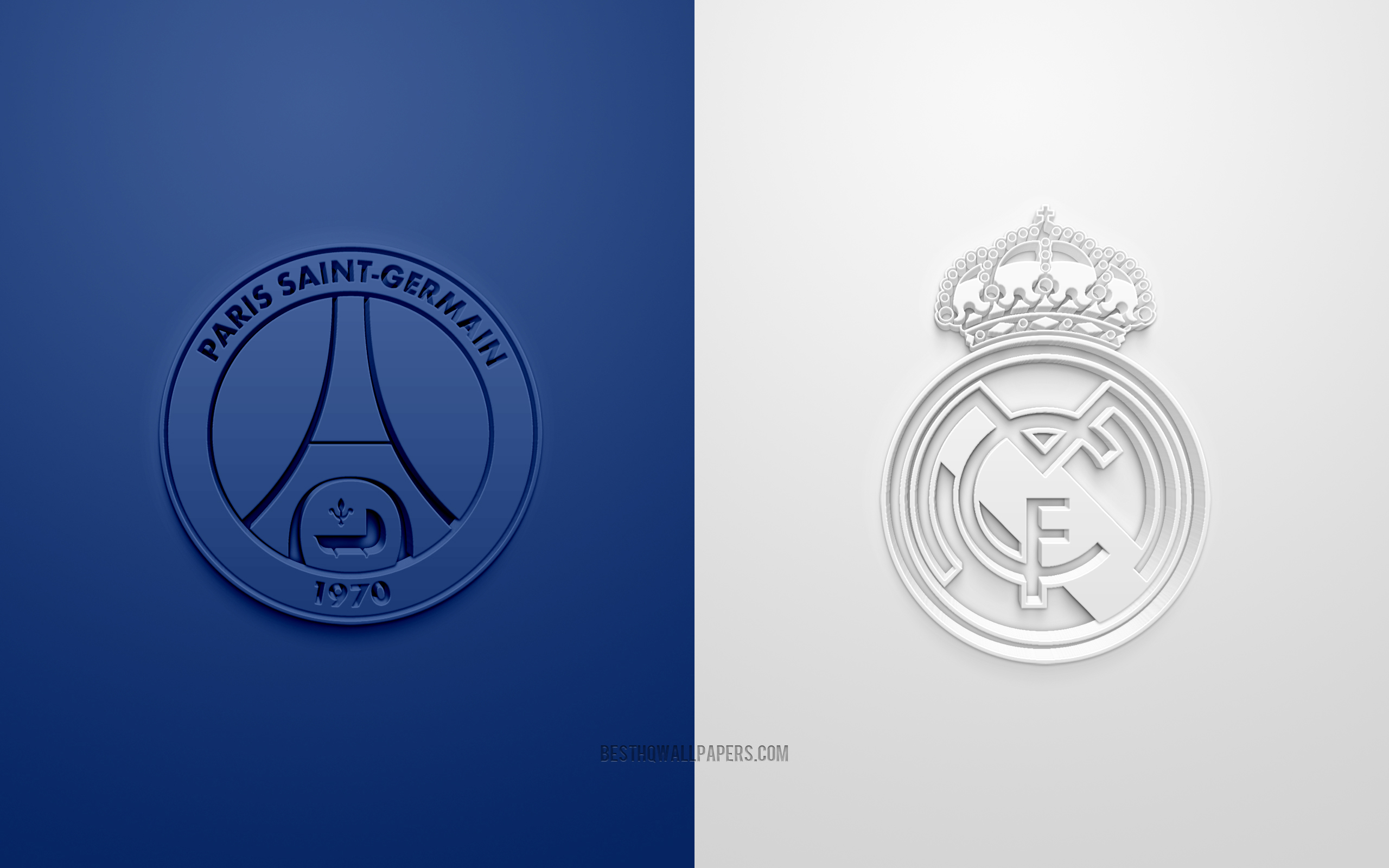 Download Wallpaper PSG Vs Real Madrid, UEFA Champions League, Eighth Finals, 3D Logos, White Blue Background, Champions League, Football Match, 2022 Champions League, PSG, Real Madrid For Desktop With Resolution 2560x1600. High