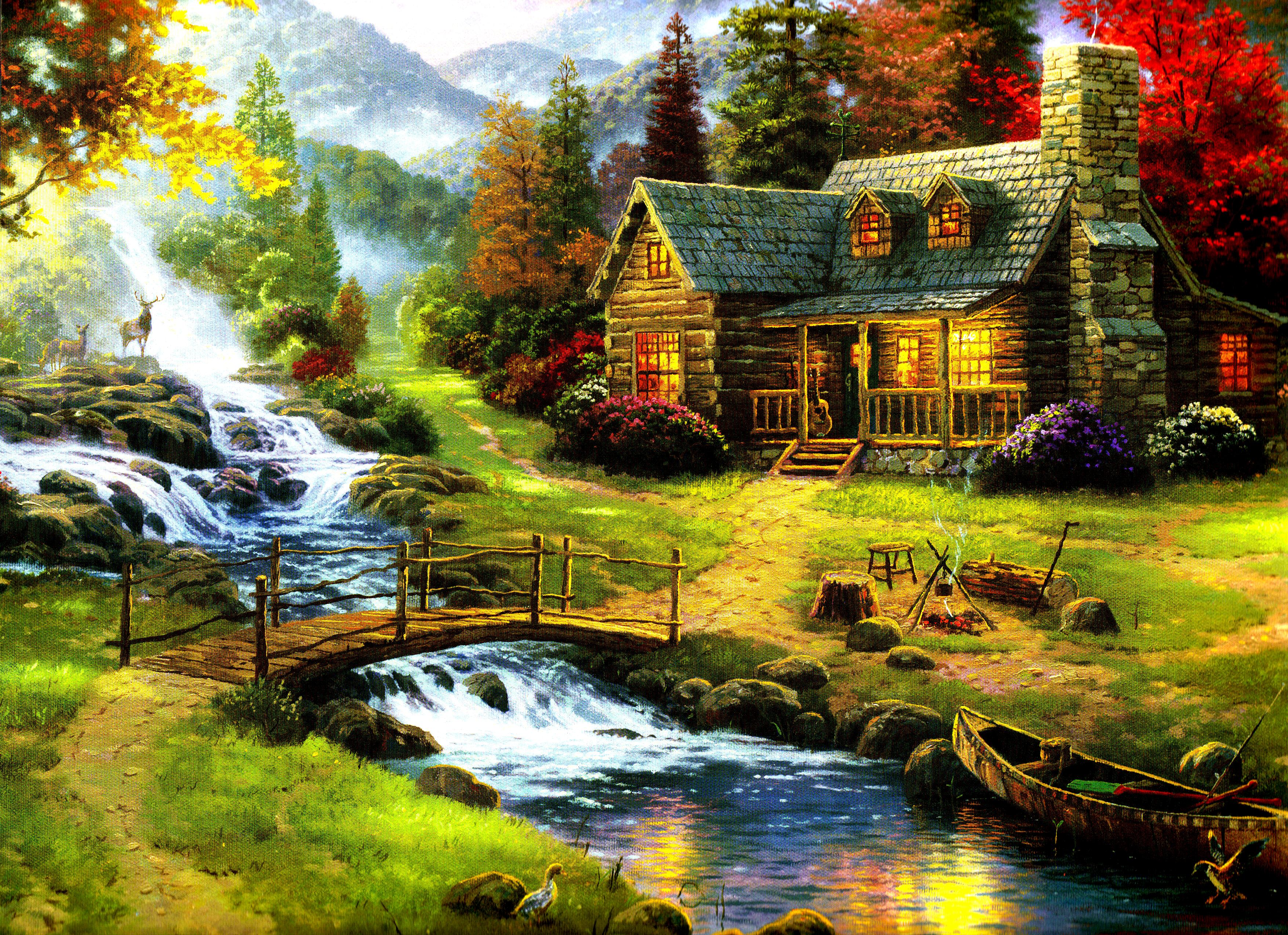 Thomas Kinkade Painting Nature Forest Home High Contrast Home Wallpaper HD