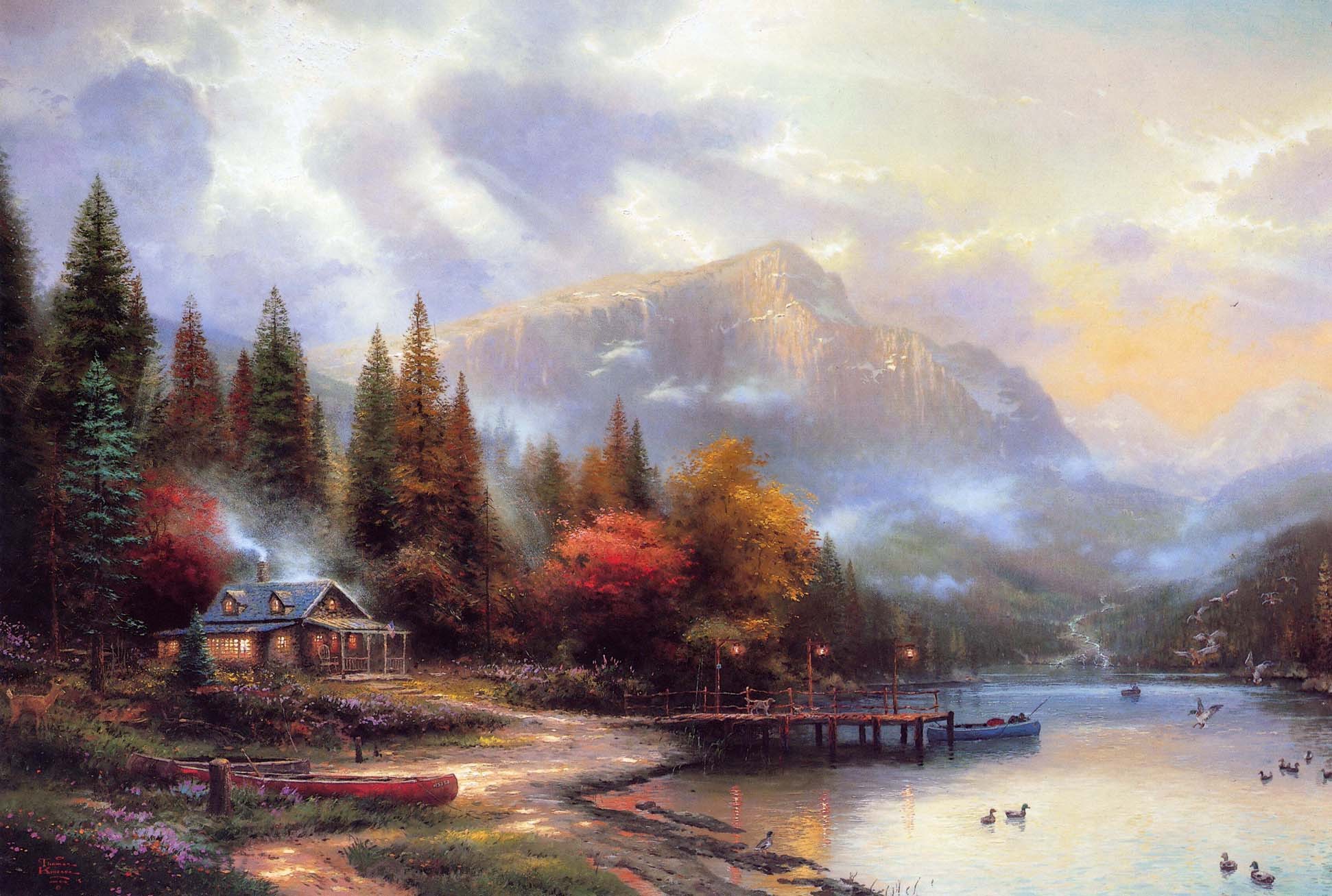 thomas, Kinkade, Mountain, House, River, Autumn, Painting Wallpaper HD / Desktop and Mobile Background