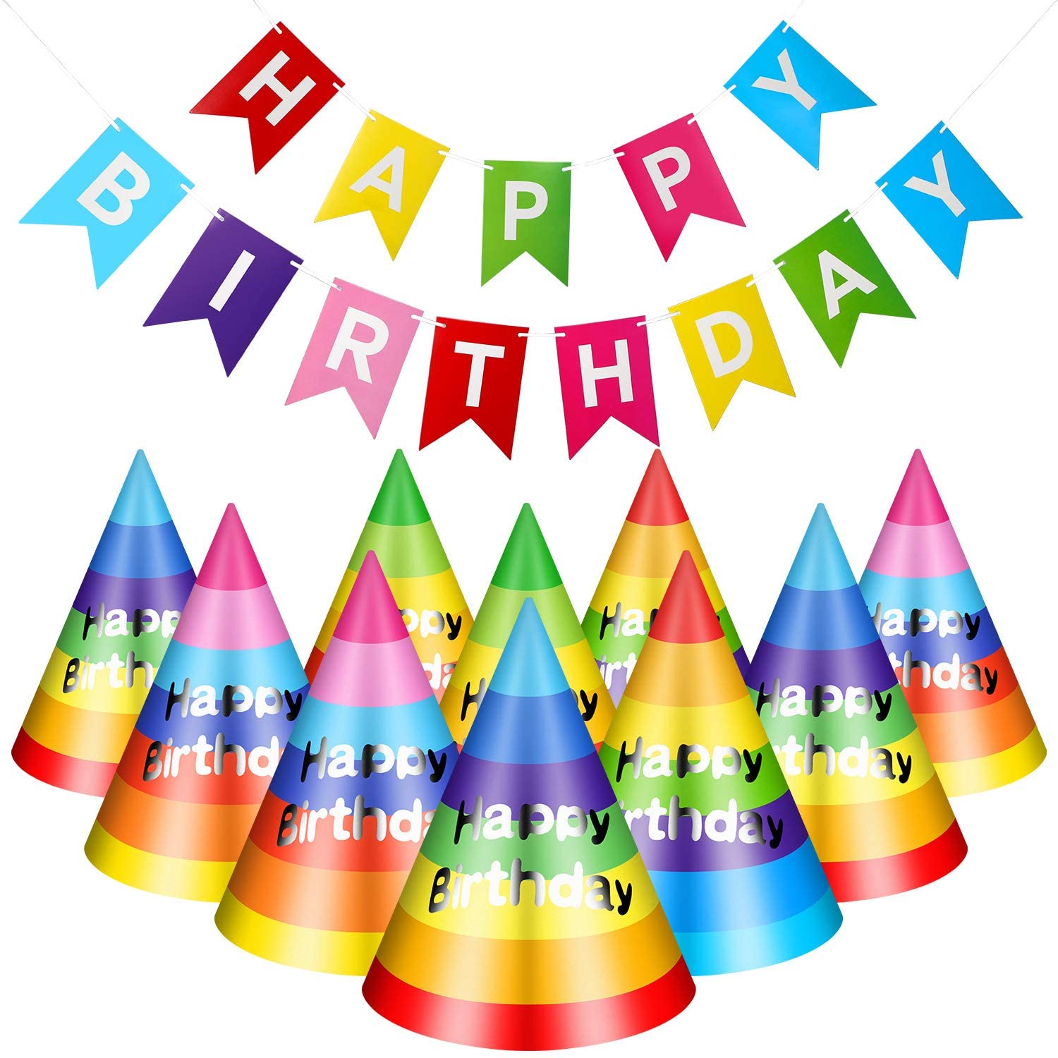 Pieces Rainbow Birthday Party Hats Colorful Birthday Cone Hats with Happy Birthday Banner for Kids Adults Birthday Party Decorations, Toys & Games