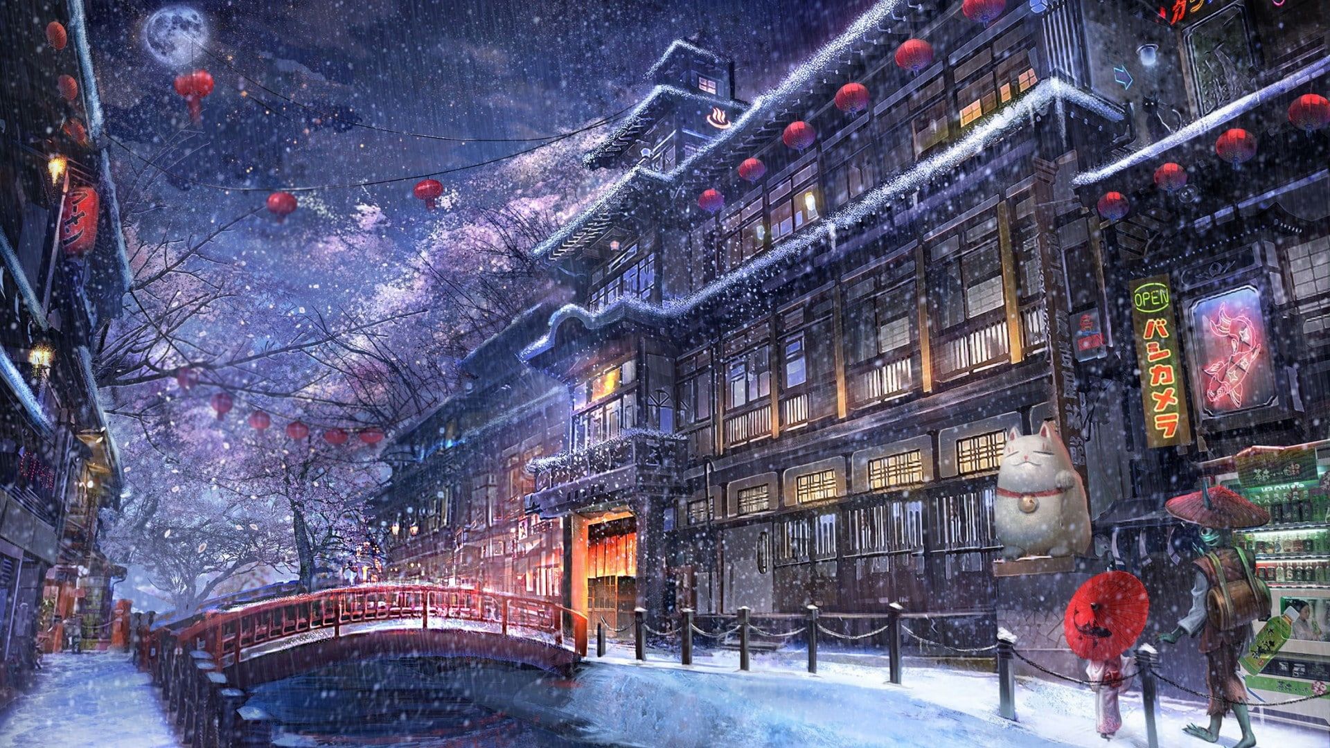 snow #anime #night #winter P #wallpaper #hdwallpaper #desktop. Anime city, City wallpaper, Night scenery