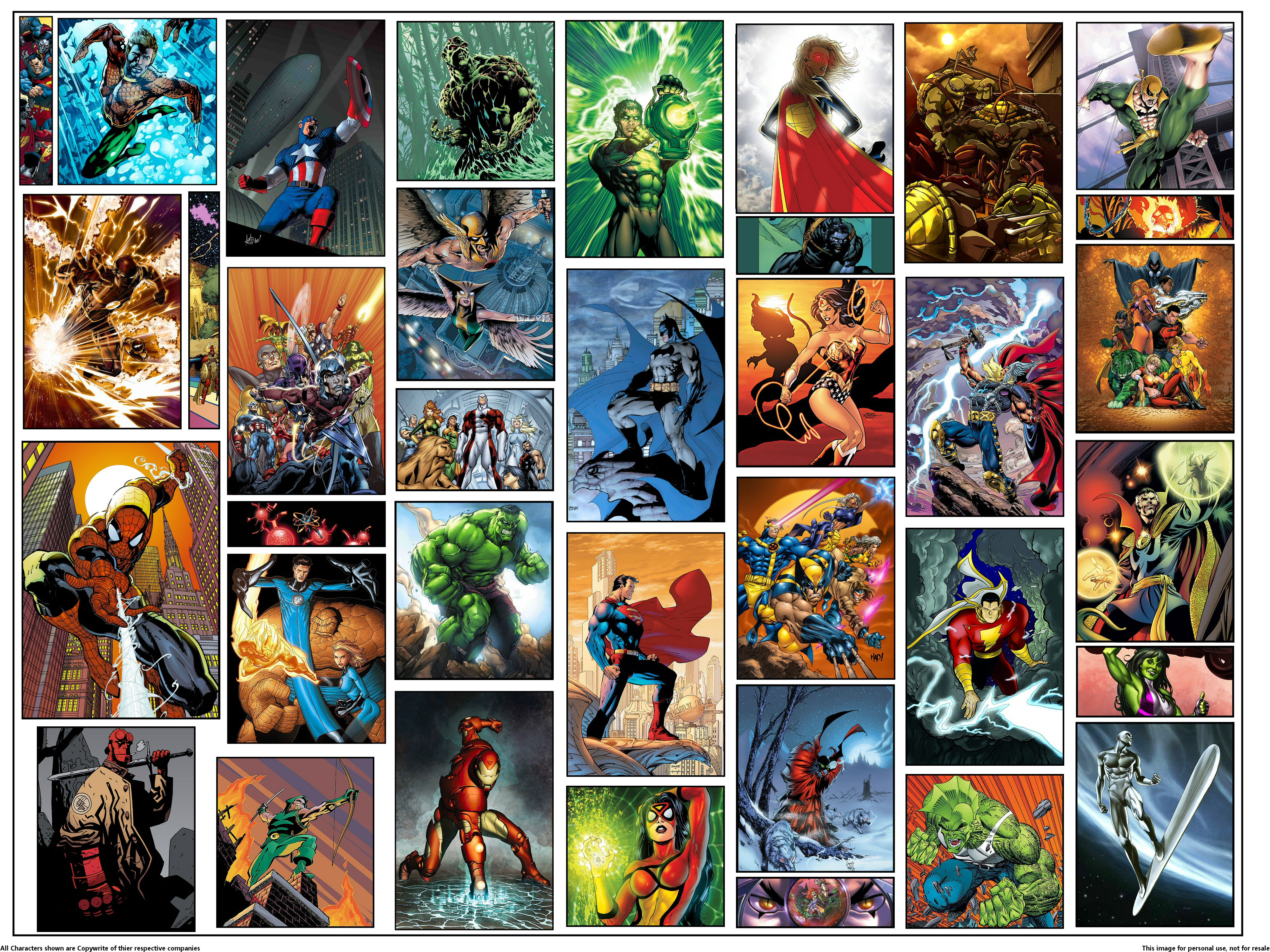 Marvel Comics, DC Comics, Spider Man, Batman, Doctor Strange, Wolverine, Avengers, Superman, Beast Boy, Alpha Flight, Flash, X Men, Lion O, Wonder Girl, Aquaman, Ben Grimm, Captain Marvel, Green Lantern, Human Torch, Invisible Woman And