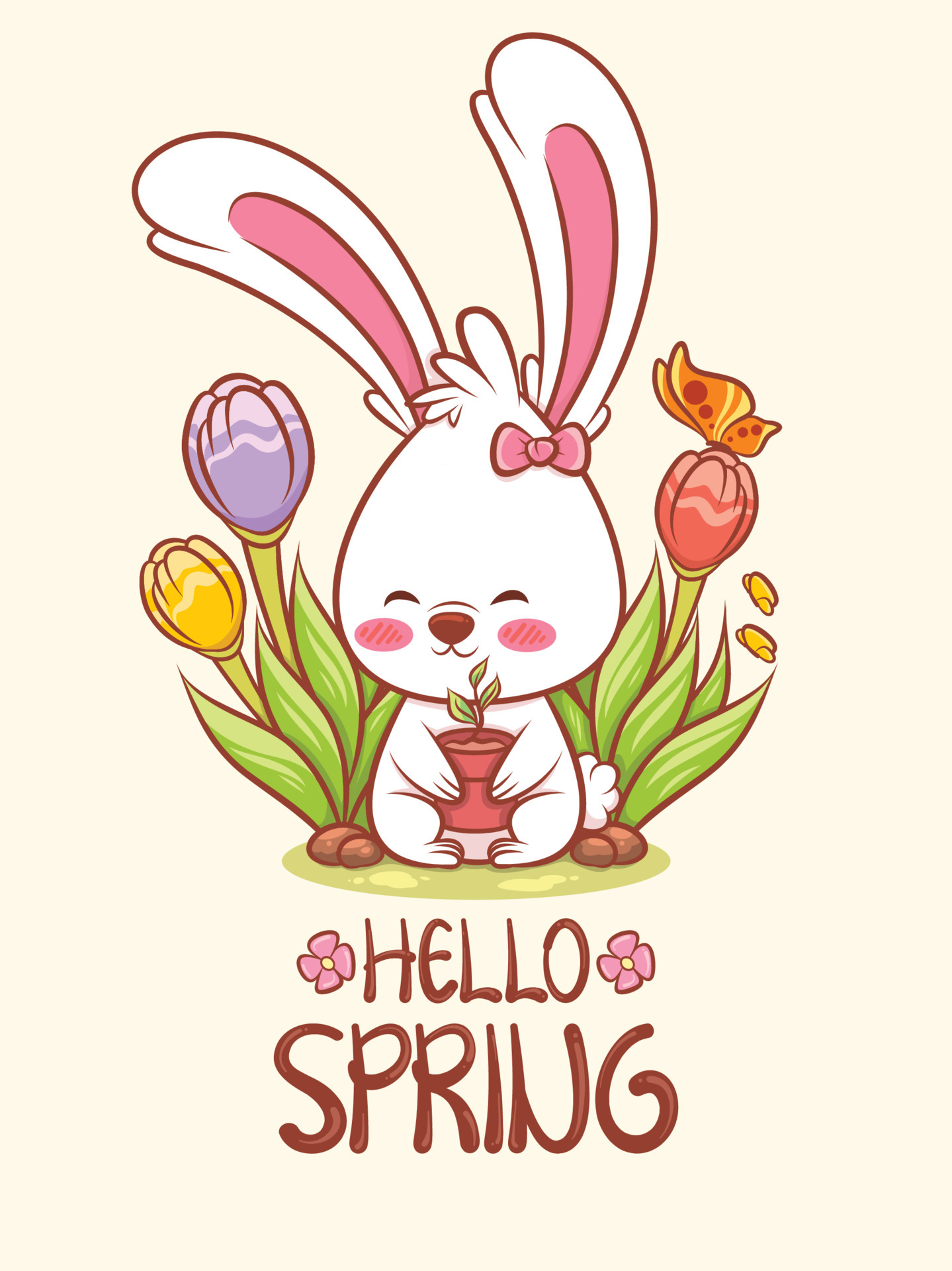 cute bunny with a flower spring. cartoon character illustration hello spring greeting