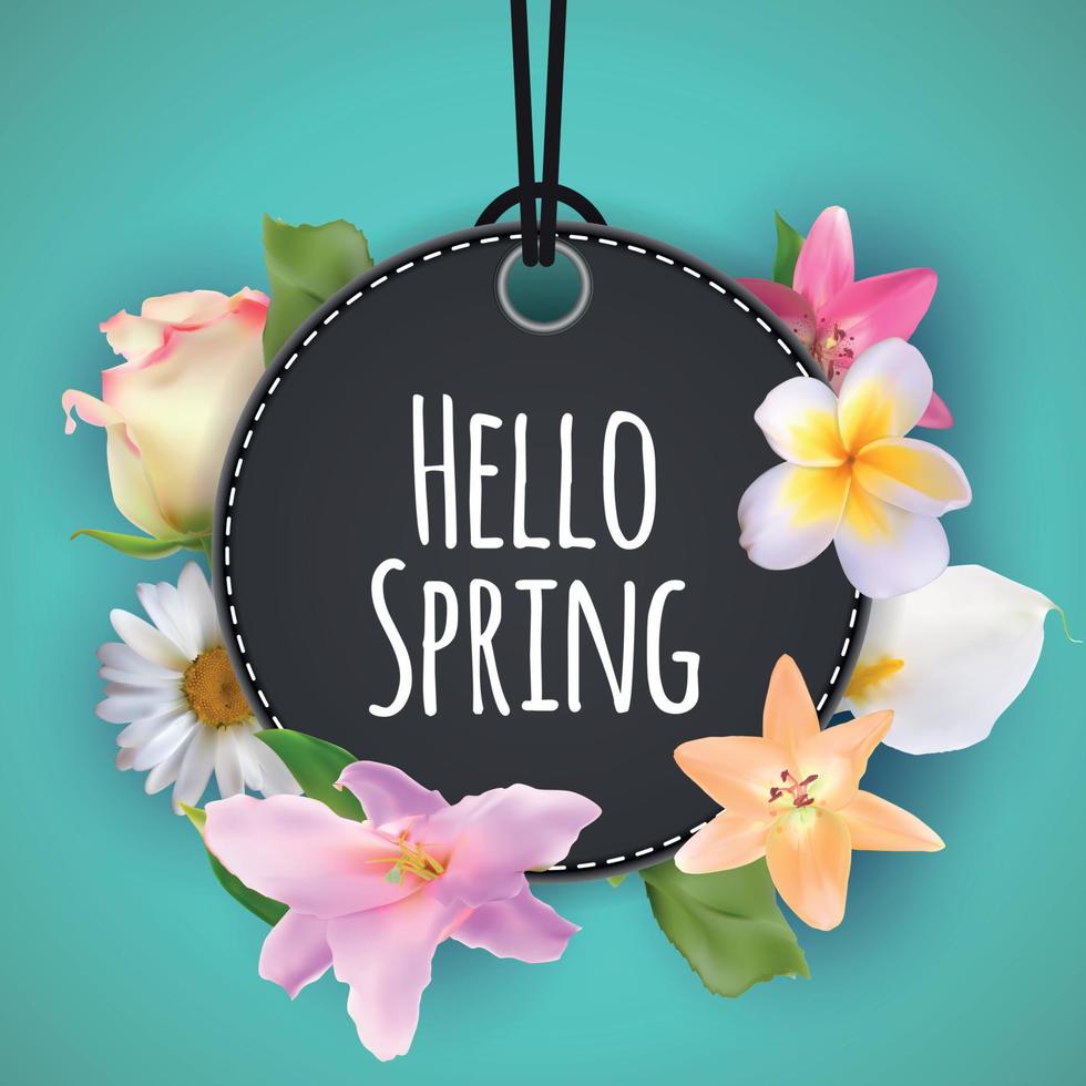 Hello Spring Banner Greetings Design Background with Colorful Flower Elements. Vector illustration