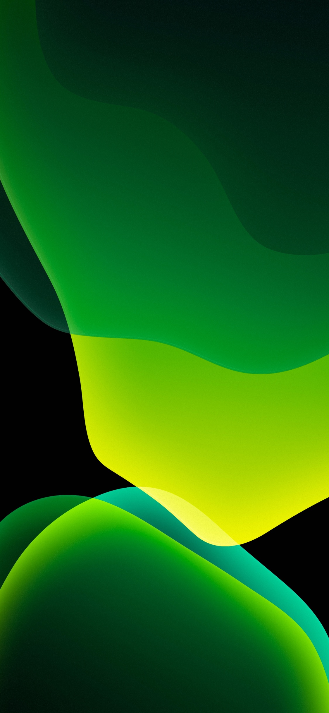 iOS 13 Wallpaper 4K, Stock, iPadOS, Green, Black background, AMOLED, Abstract