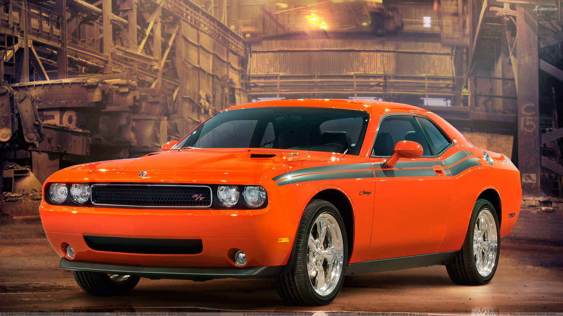 Side Front Pose Of 2009 Dodge Challenger RT Classic In Orange Wallpaper