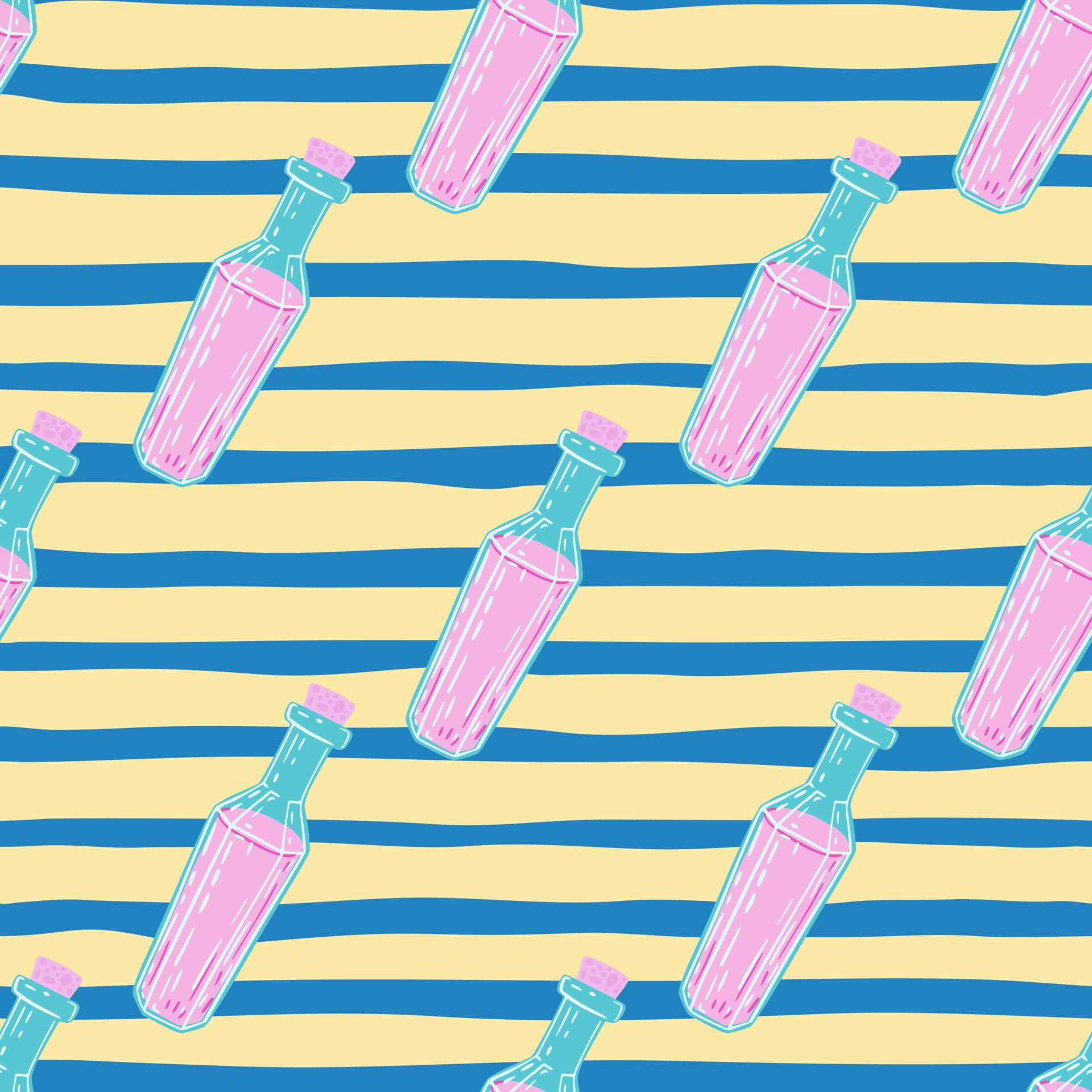 Antidote seamless pattern with pink and blue colored flask ornament. Blue and yellow striped background