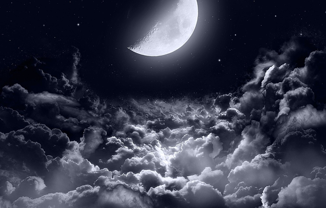 Wallpaper dark, moon, clouds, stars, night sky, moonlight, half moon, night sky stars image for desktop, section природа